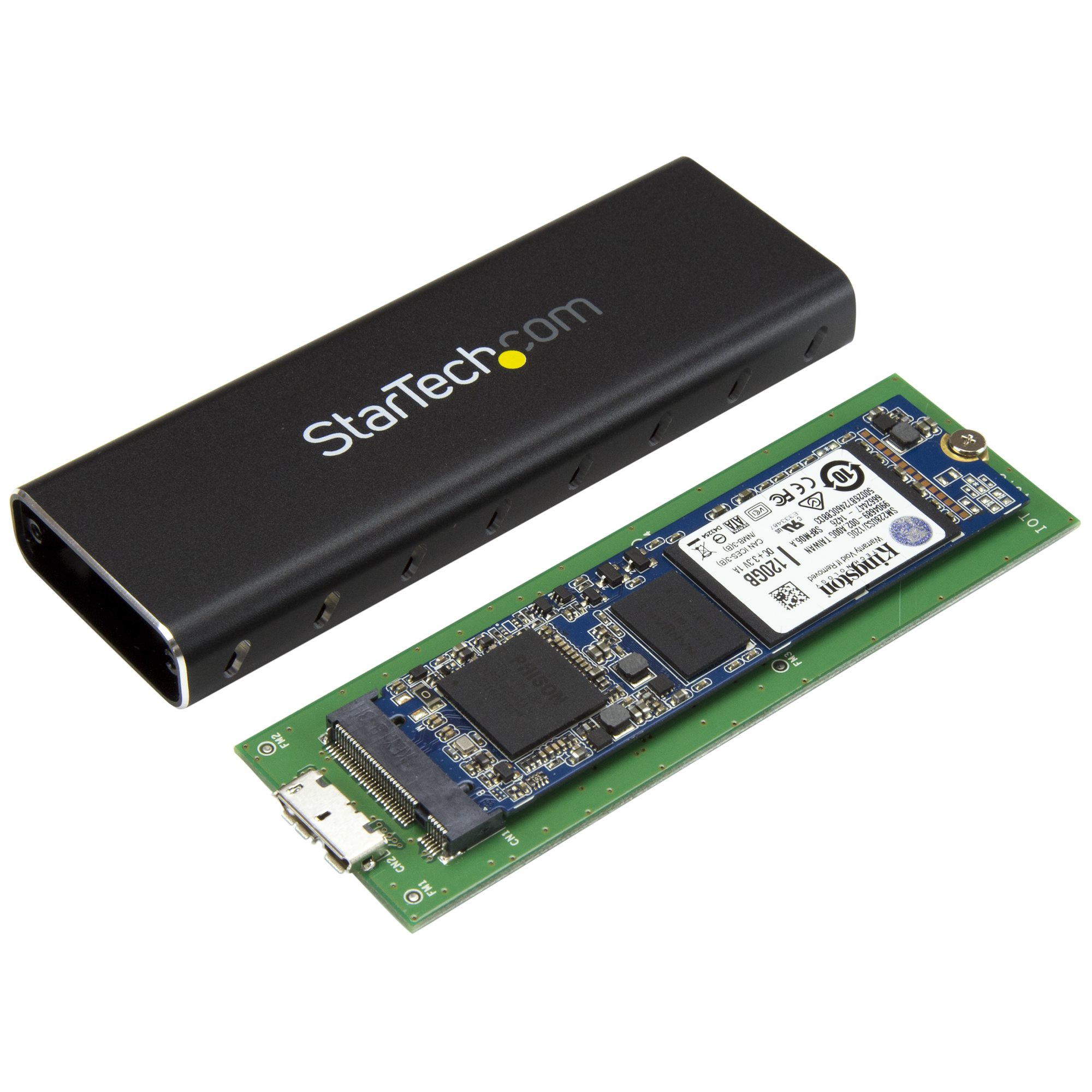 Ein schwarzes StarTech.com-Gehäuse und eine M.2-SSD auf einer grünen Platine werden auf weißem Hintergrund dargestellt.