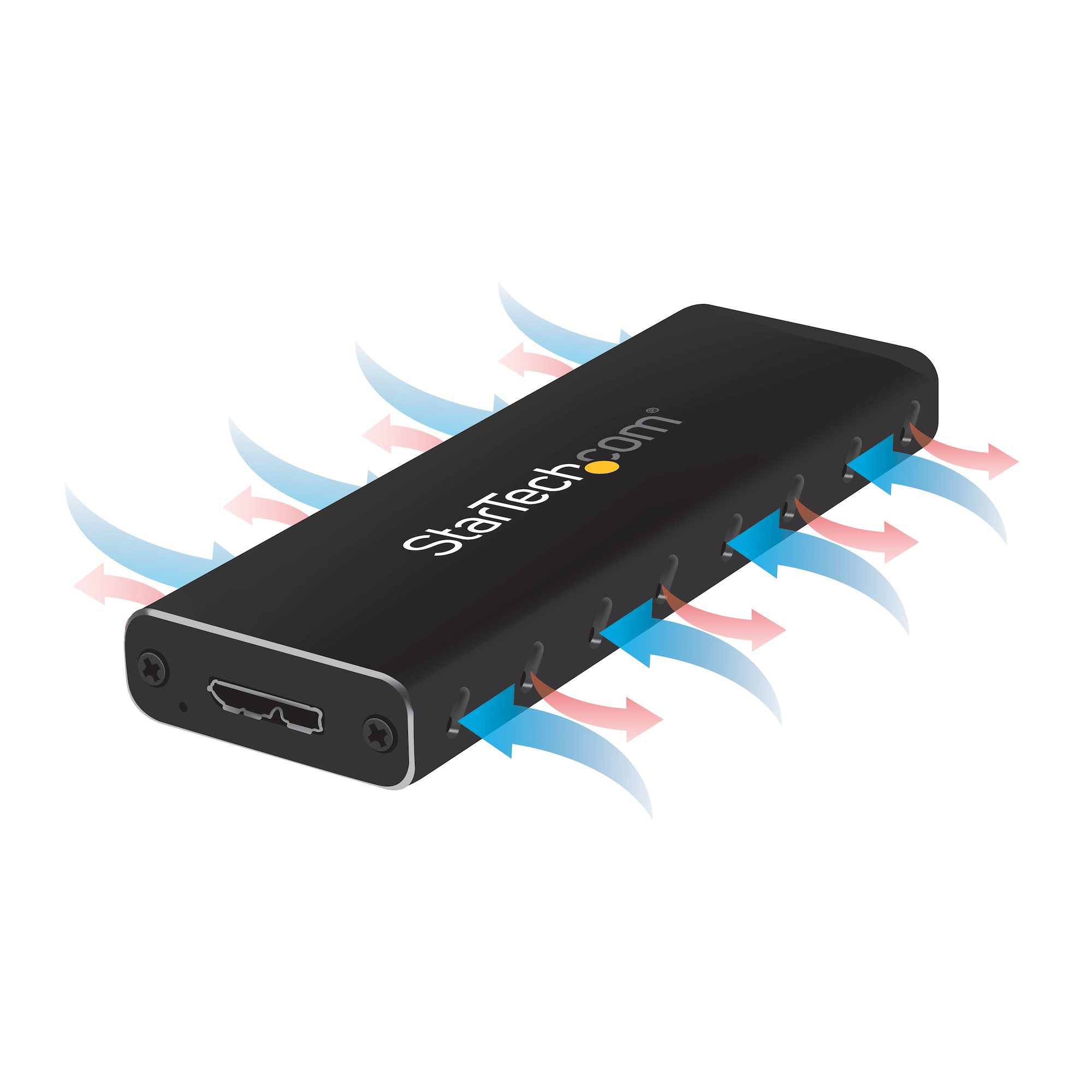 Schwarzes StarTech.com-Gerät mit Pfeilen, die den Luftstrom anzeigen. HDMI-Anschluss links. Weißer Hintergrund.