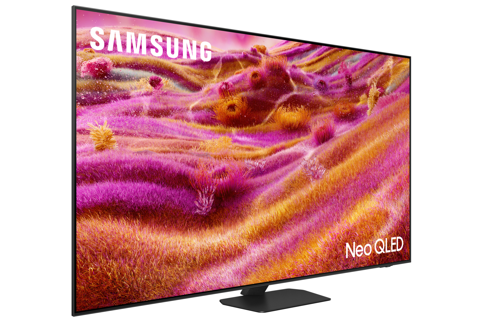 Il TV Samsung Neo QLED mostra un campo colorato di strutture rosa e gialle simili all'erba. Il logo Samsung è in alto.