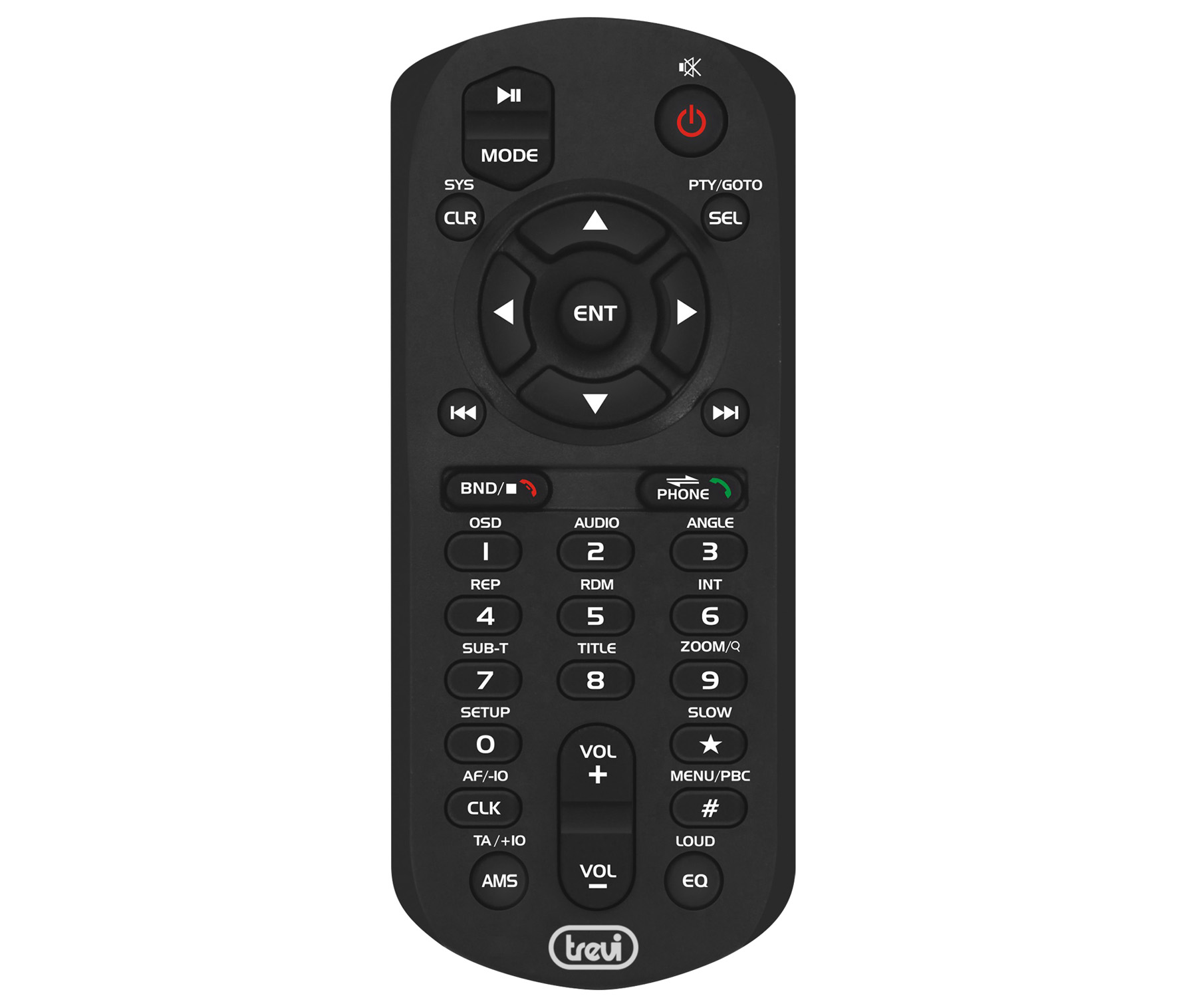 Czarny pilot z przyciskami do funkcji takich jak zasilanie, głośność i wybór kanału. Marka to Trevi.