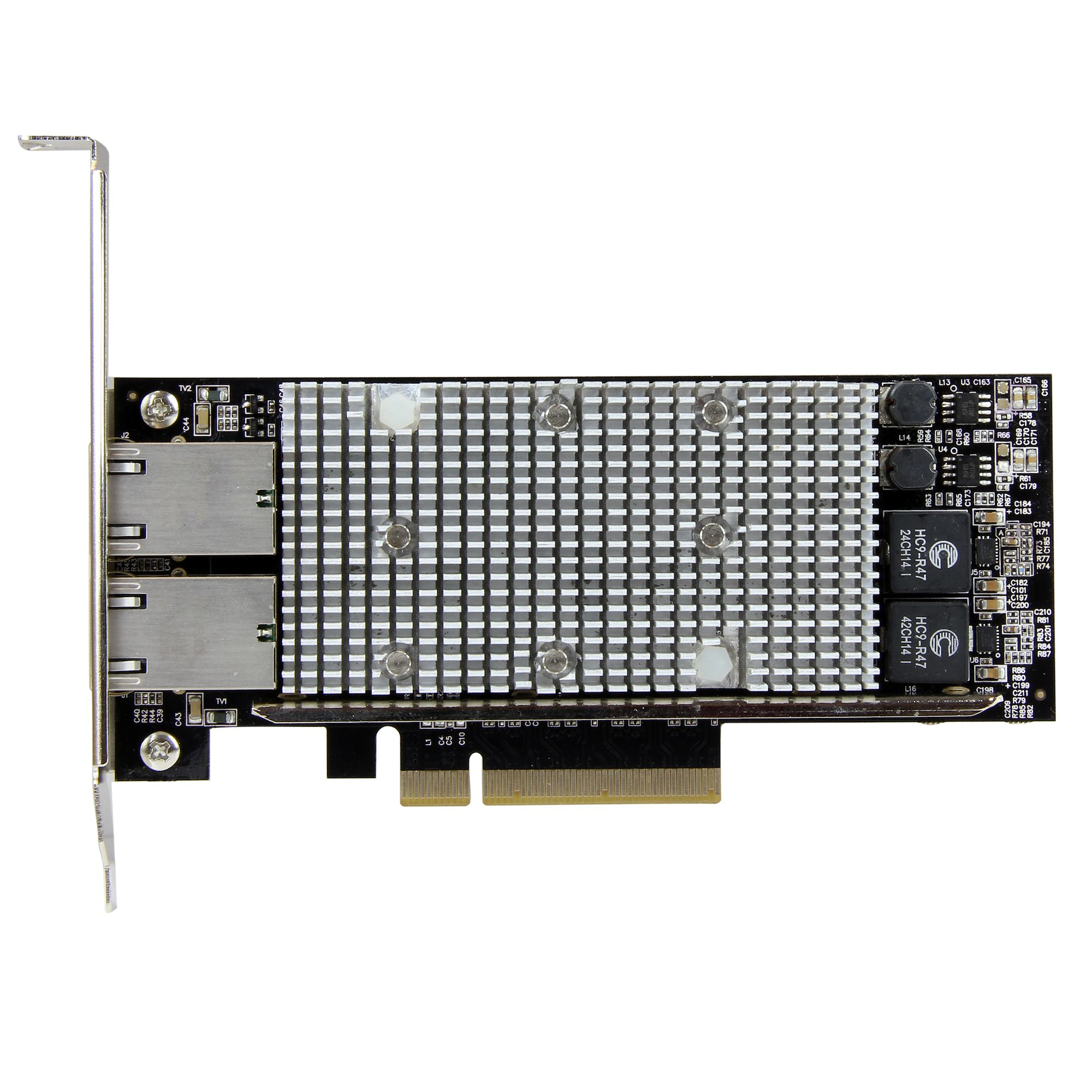 Una placa de circuito negro con componentes plateados, incluyendo un disipador de calor y conectores. La placa es rectangular.