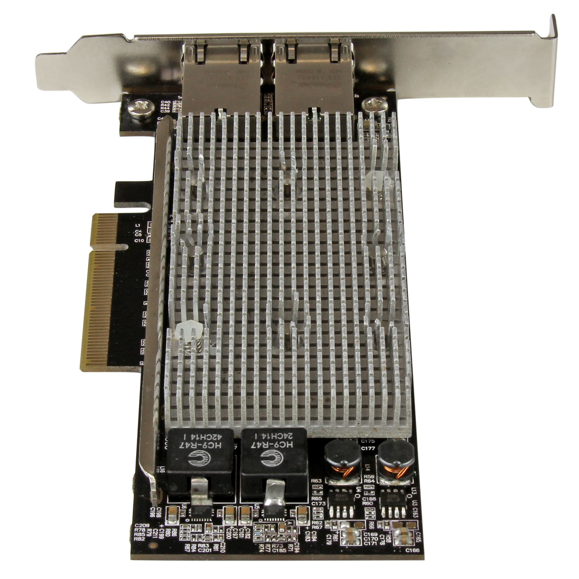 Un componente de ordenador, una placa de circuito negro con disipador de calor plateado y varios conectores.