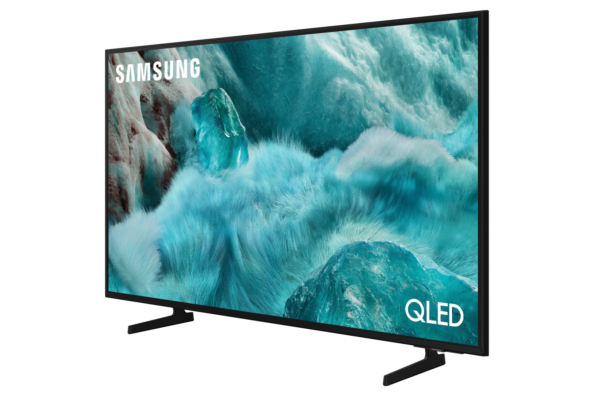 Téléviseur Samsung QLED. L'écran affiche une image turquoise abstraite. Le téléviseur a un cadre et un pied noirs, isolé sur fond blanc.