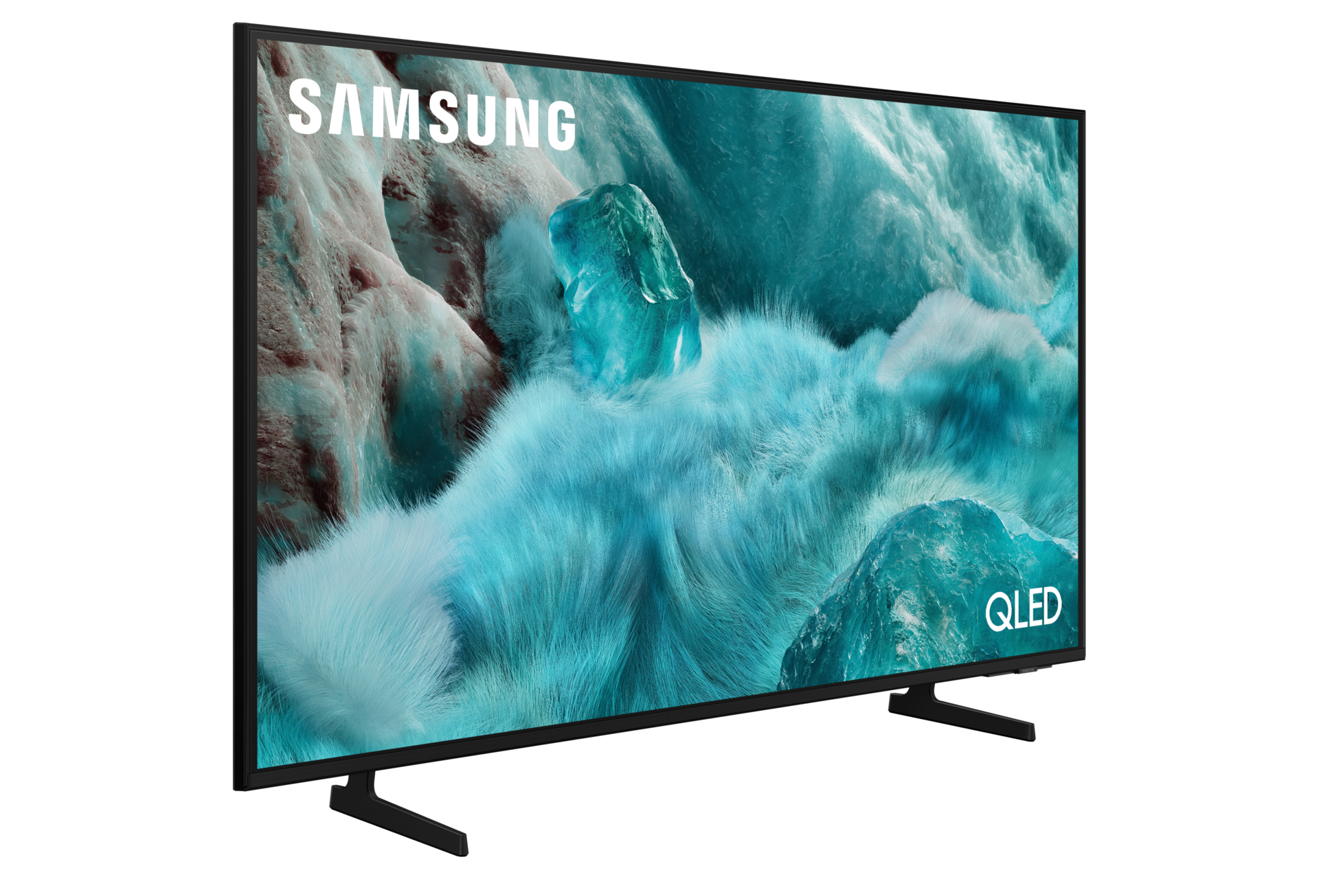 Un téléviseur Samsung QLED affiche une image abstraite bleue. Il a un cadre noir et des pieds noirs. Le logo Samsung est visible.