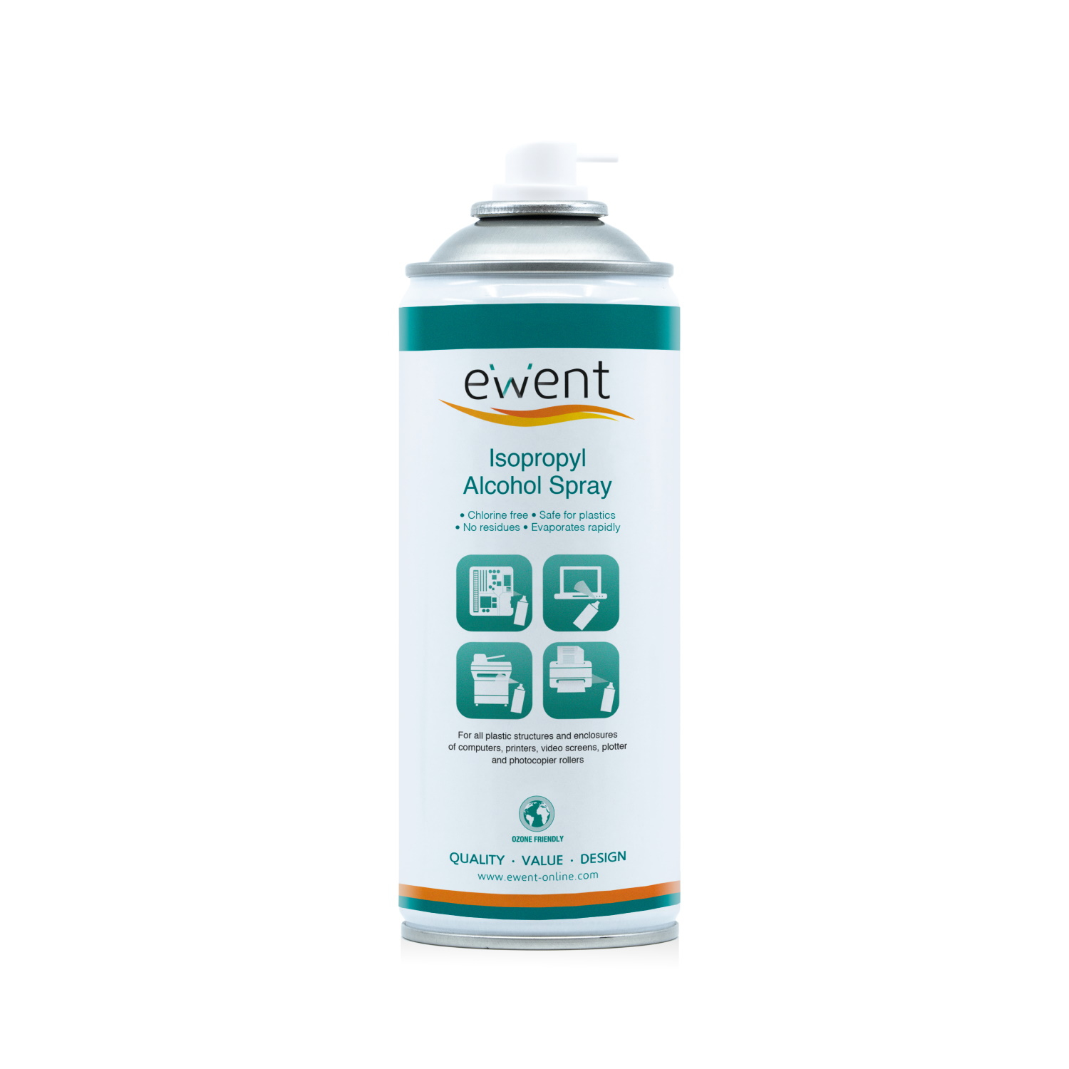Una bomboletta di spray alcol isopropilico di ewent. È privo di cloro, sicuro per la plastica e evapora rapidamente. La bomboletta è bianca e verde acqua.