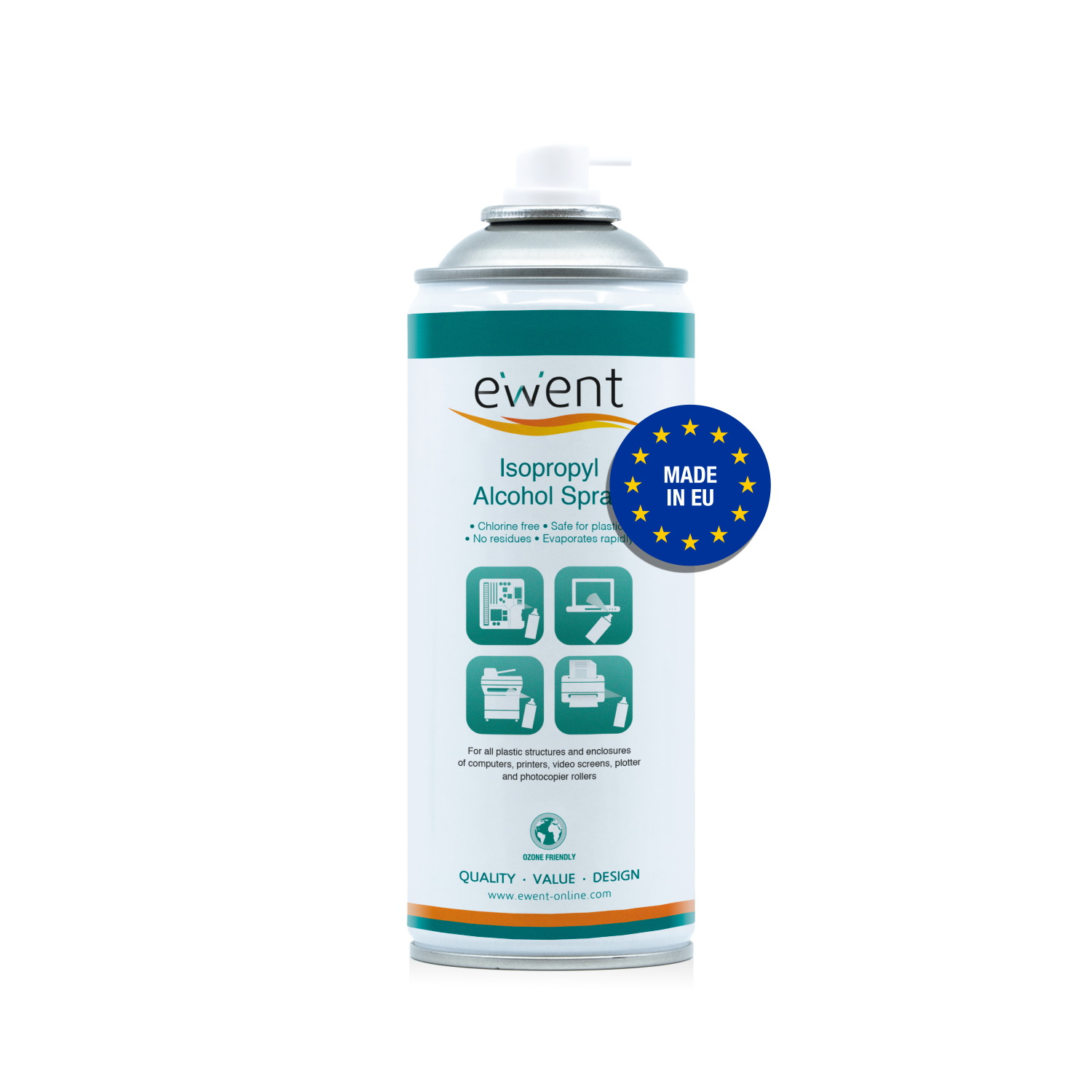 Una bomboletta di spray alcol isopropilico. Ha un'etichetta bianca con testo e immagini e un adesivo blu 'Made in EU'.