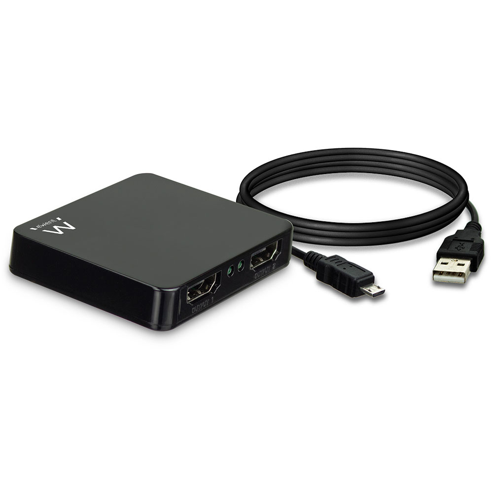 Un conmutador HDMI negro con dos salidas y un cable USB. El conmutador es rectangular con la marca en la parte superior.