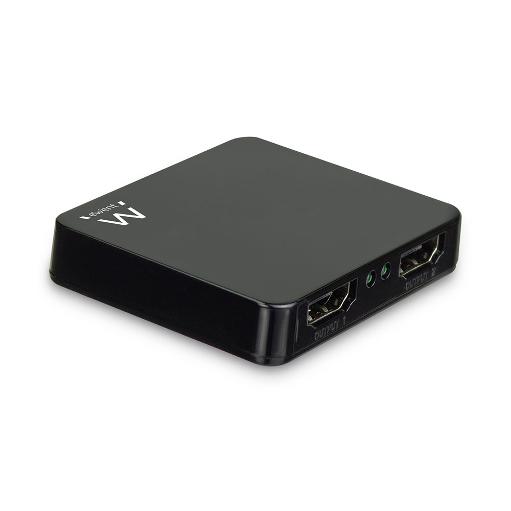 Un conmutador HDMI negro. Tiene dos puertos de salida etiquetados como 'Output 1' y 'Output 2'. La superficie superior muestra un logotipo 'W'.
