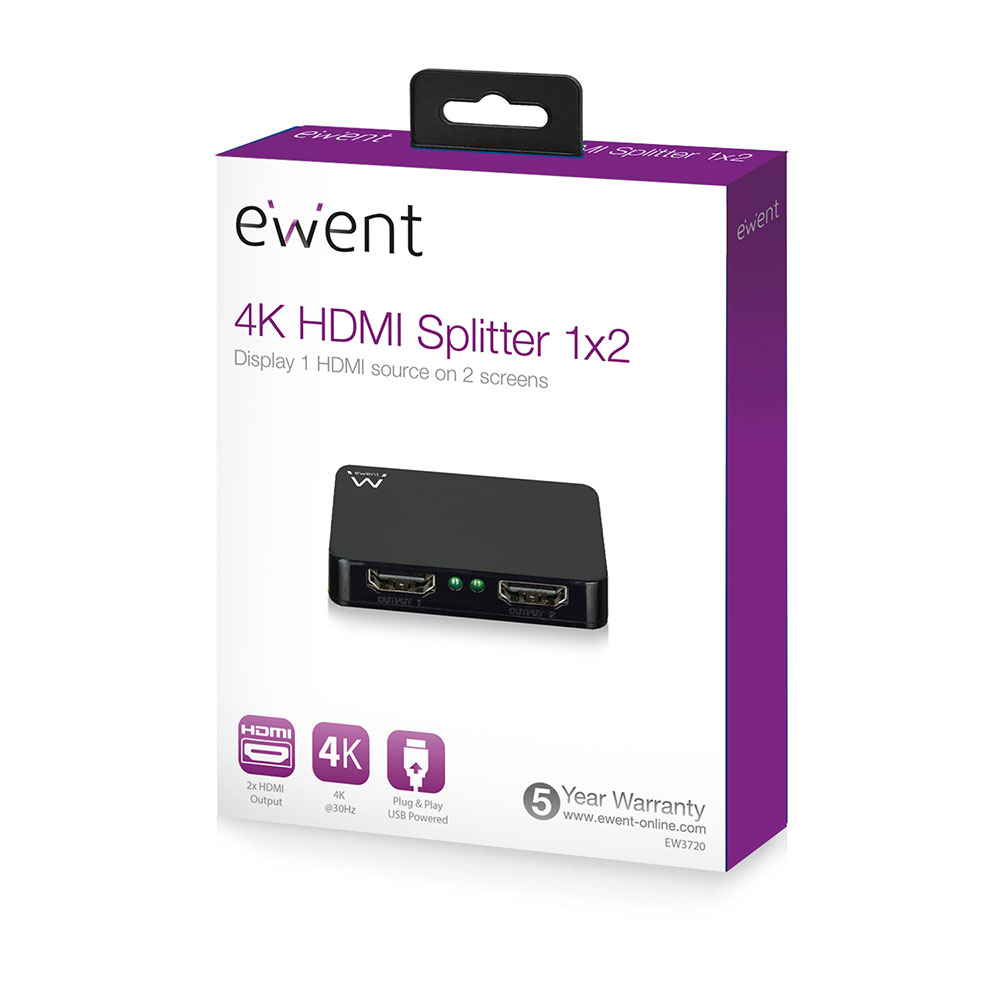 La caja muestra un divisor HDMI 4K 1x2. Tiene un dispositivo negro, la marca y los detalles del producto.
