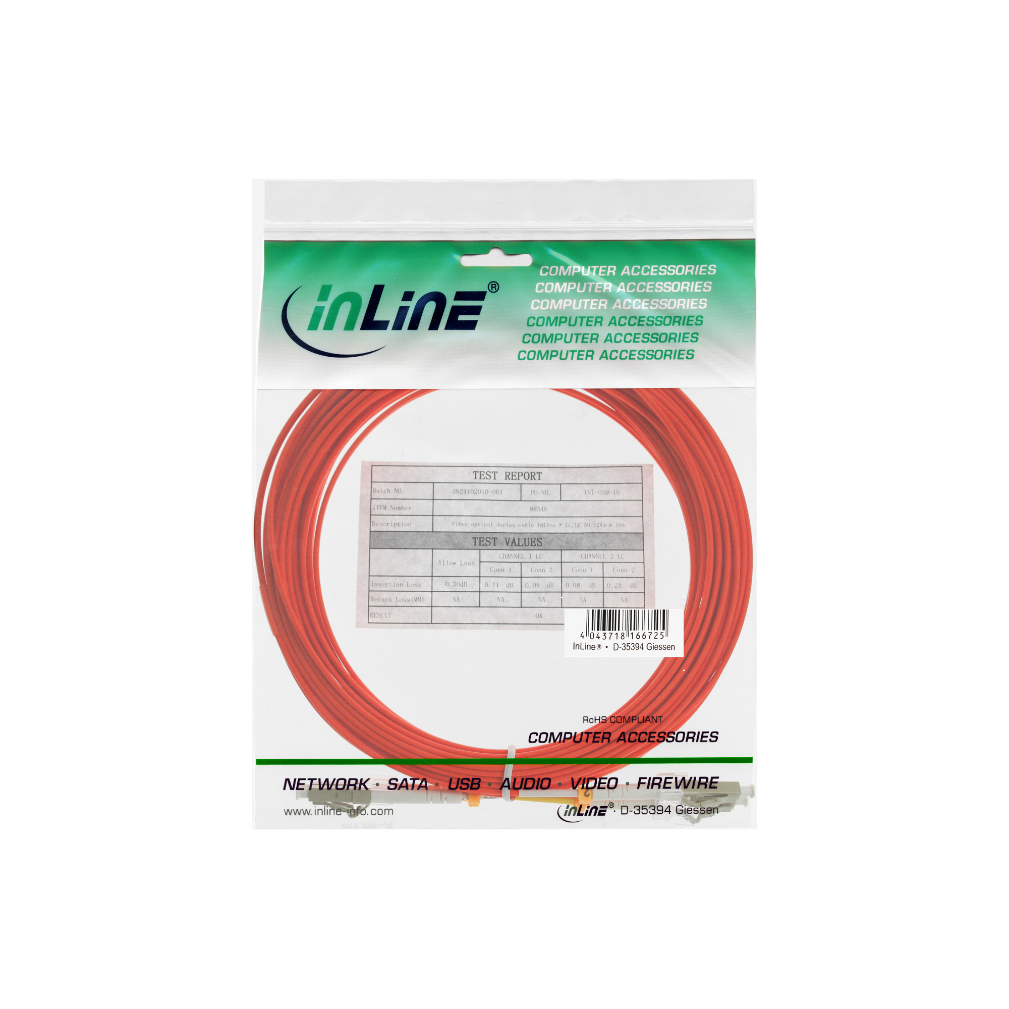 Rotes Glasfaserkabel in einer transparenten Plastikverpackung mit InLine-Logo und Testbericht.