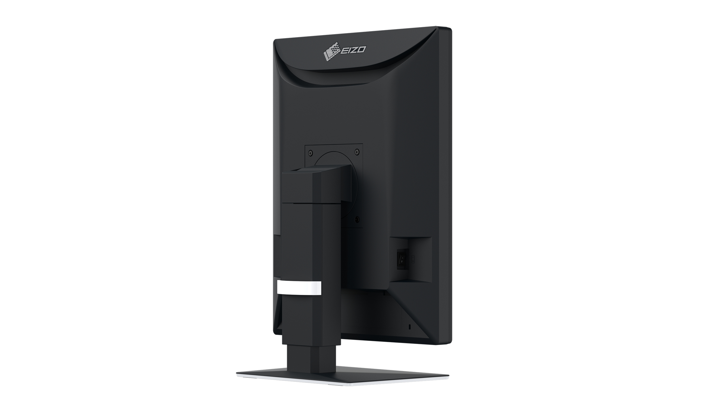 Vista posteriore di un monitor per computer nero. Il logo EIZO è visibile. Il supporto e il pannello posteriore sono neri, su sfondo bianco.