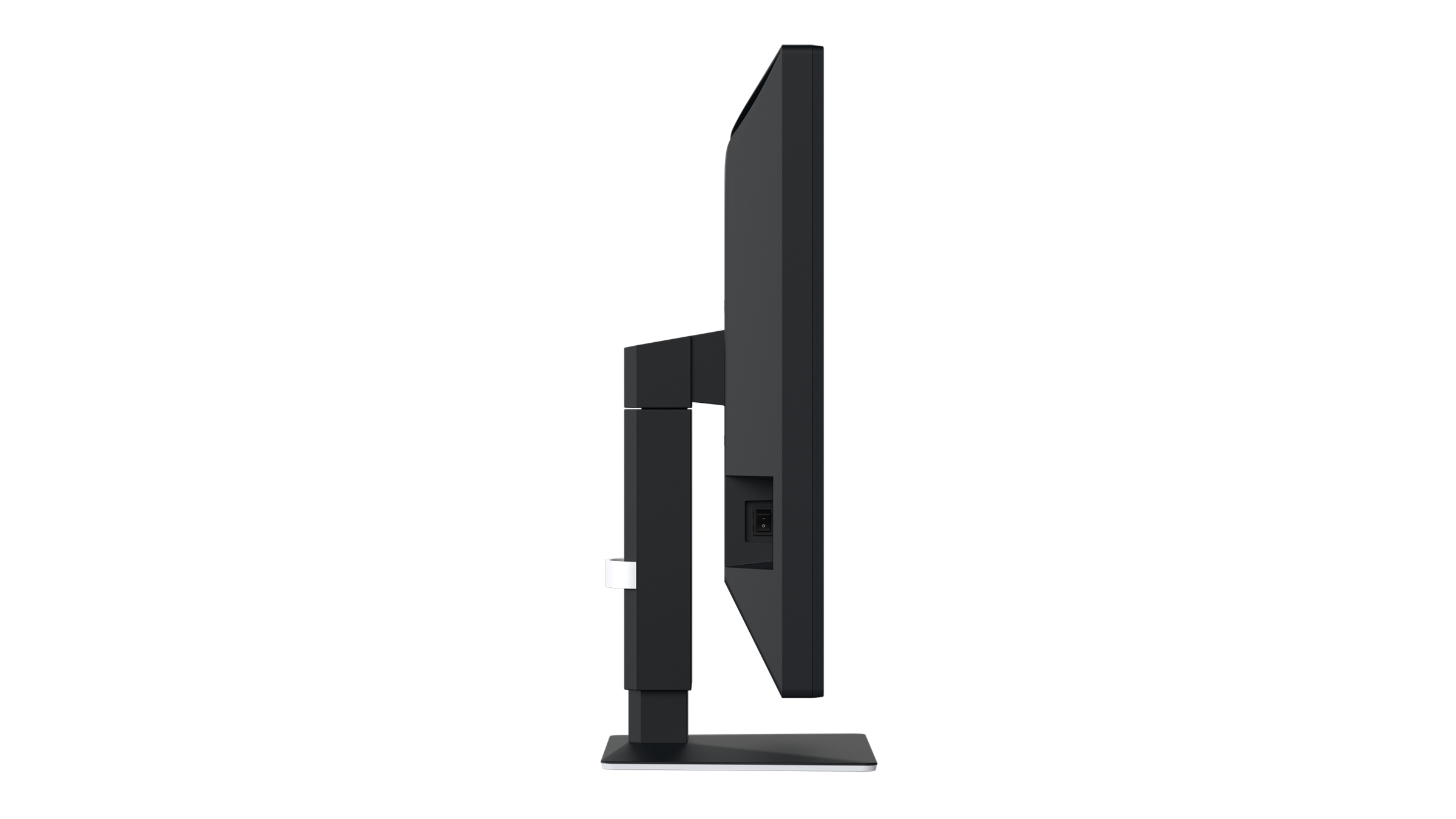 Vista laterale di un monitor per computer nero. Lo schermo è nero, con supporto nero e sfondo bianco.