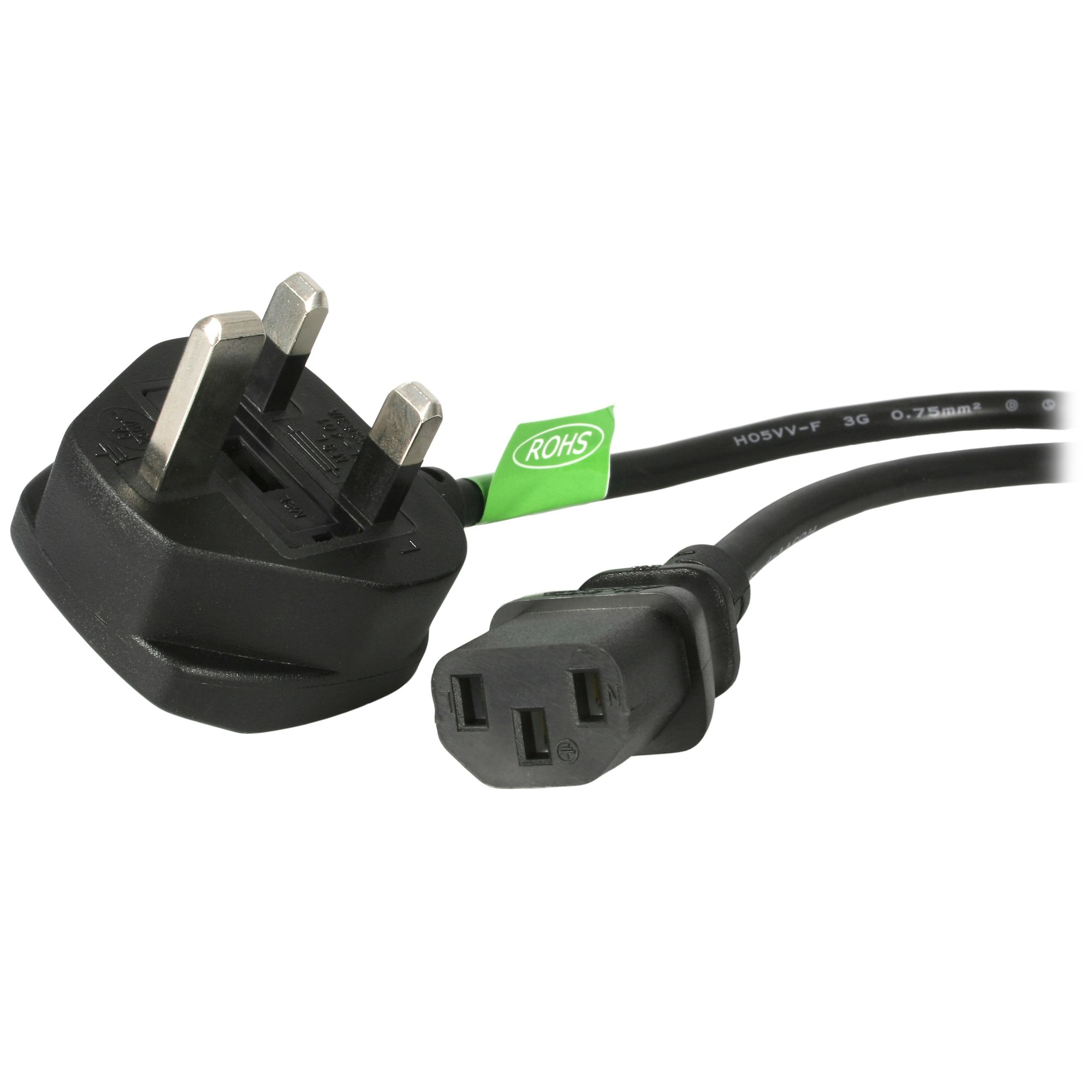 Ein schwarzes Netzkabel mit UK-Stecker und C13-Anschluss, ein grüner ROHS-Aufkleber ist angebracht.