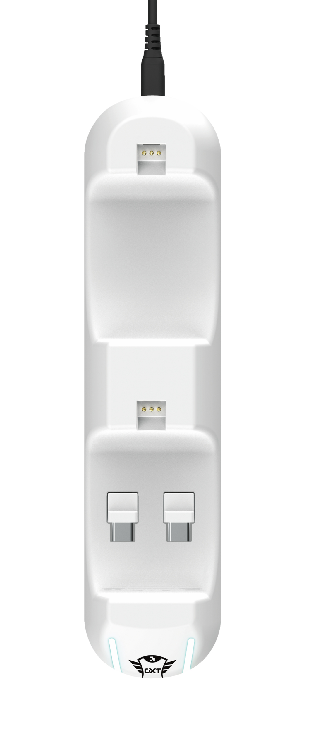 Stazione di ricarica bianca per controller doppi con cavo nero. Ha due porte USB-C e il logo CXT.