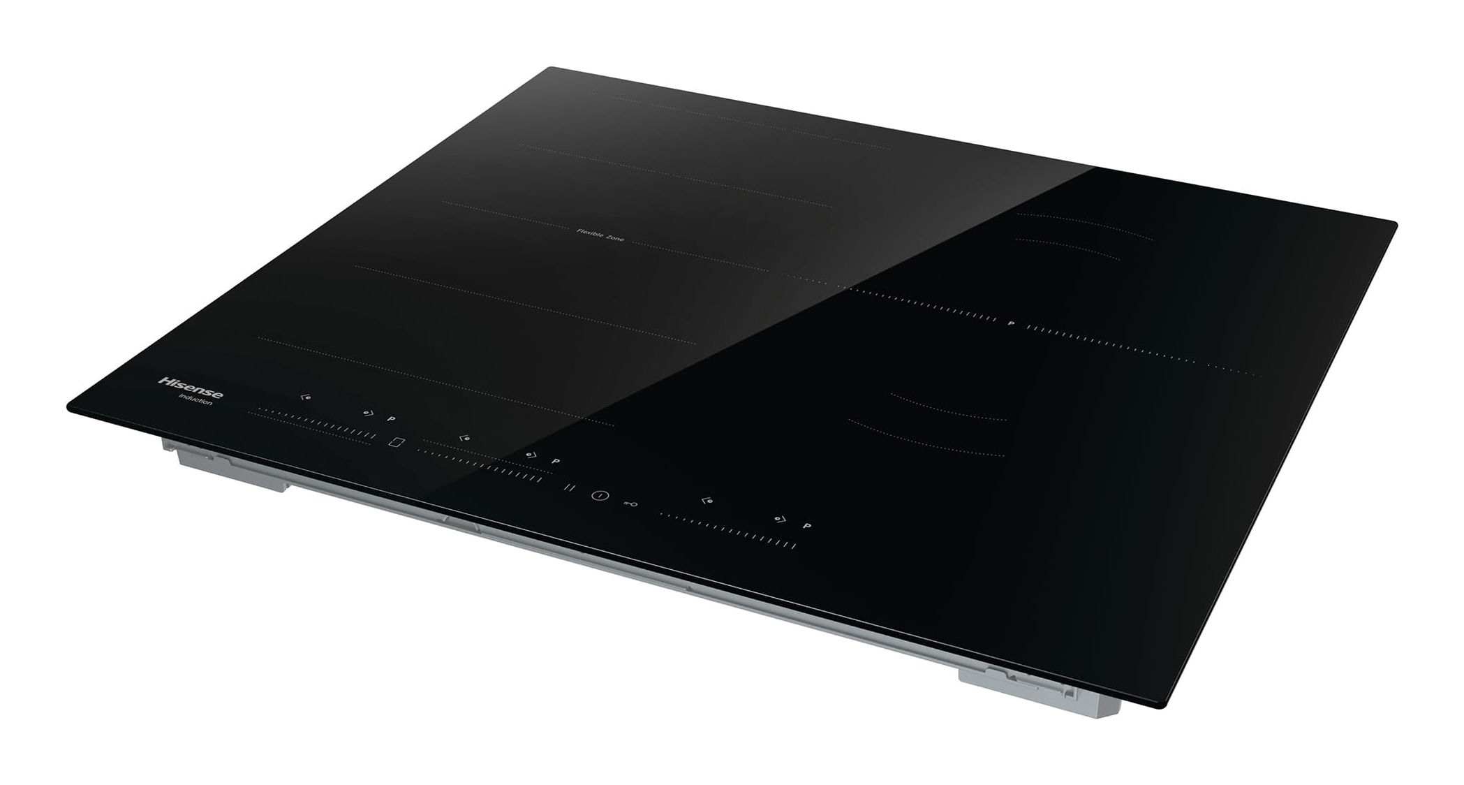 Czarna płyta indukcyjna Hisense na białym tle. Posiada cztery strefy gotowania i sterowanie dotykowe. Widoczna marka.