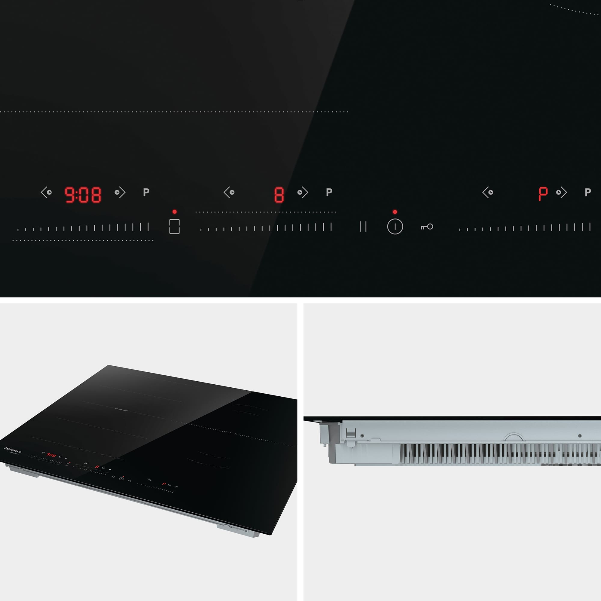 Czarna płyta indukcyjna z czerwonym wyświetlaczem cyfrowym pokazującym czas i poziomy mocy. Widoczne przyciski i wskaźniki.