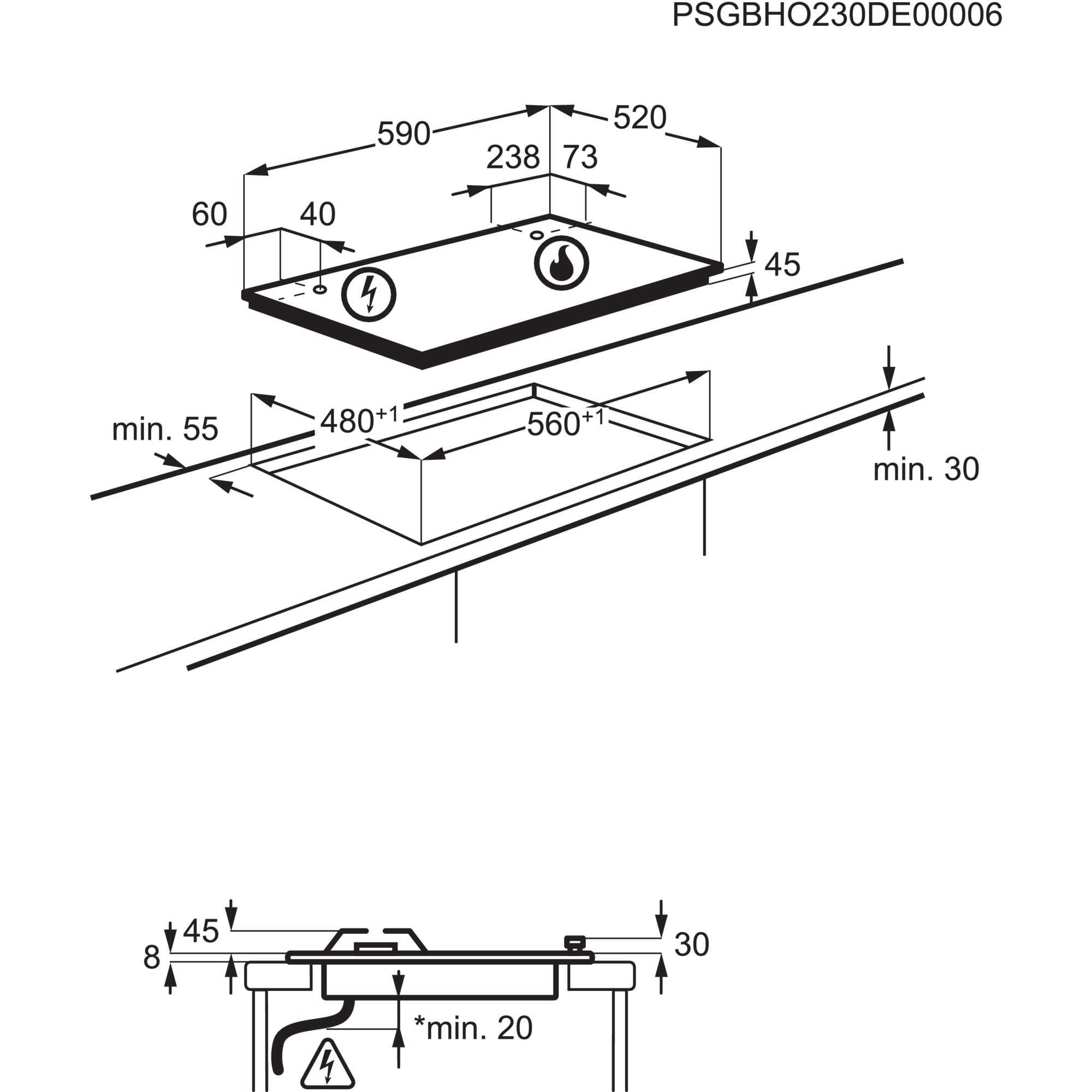 Diagramma di un piano cottura nero con dimensioni e simboli, che mostra elementi elettrici e termici.