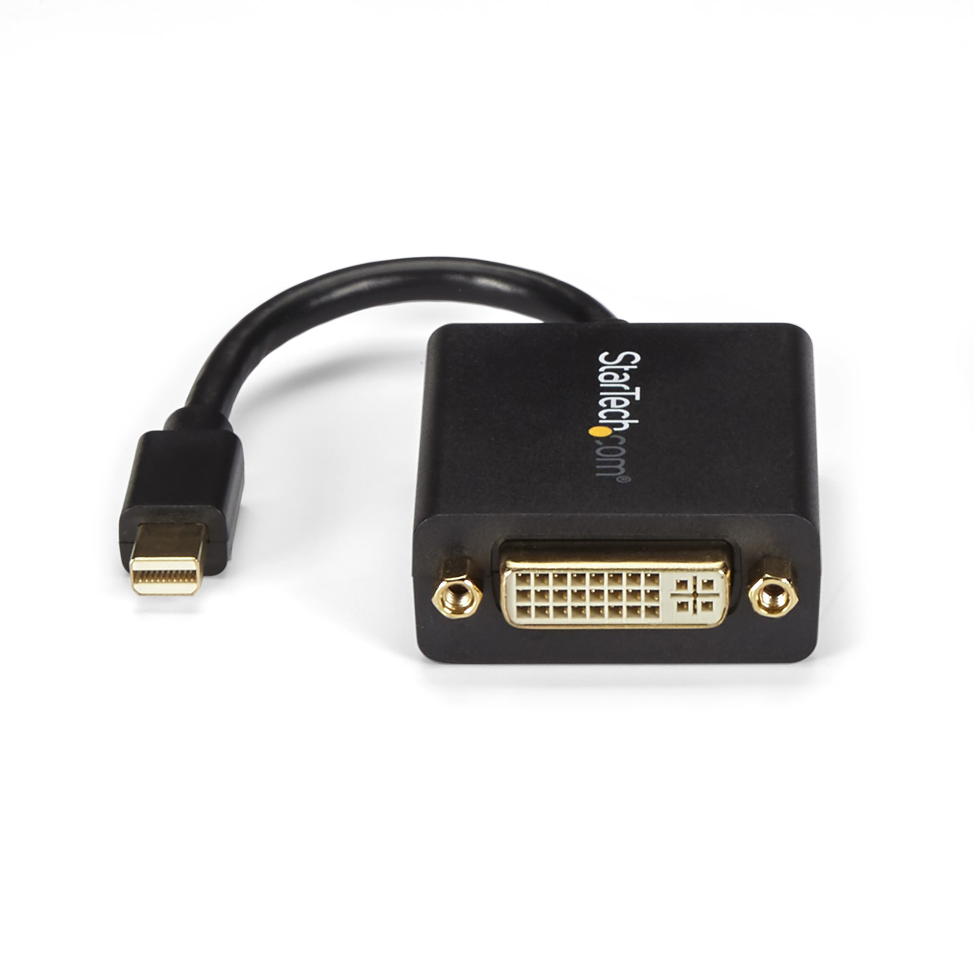 Un adaptador negro StarTech con conector Mini DisplayPort y conector DVI-D sobre fondo blanco.