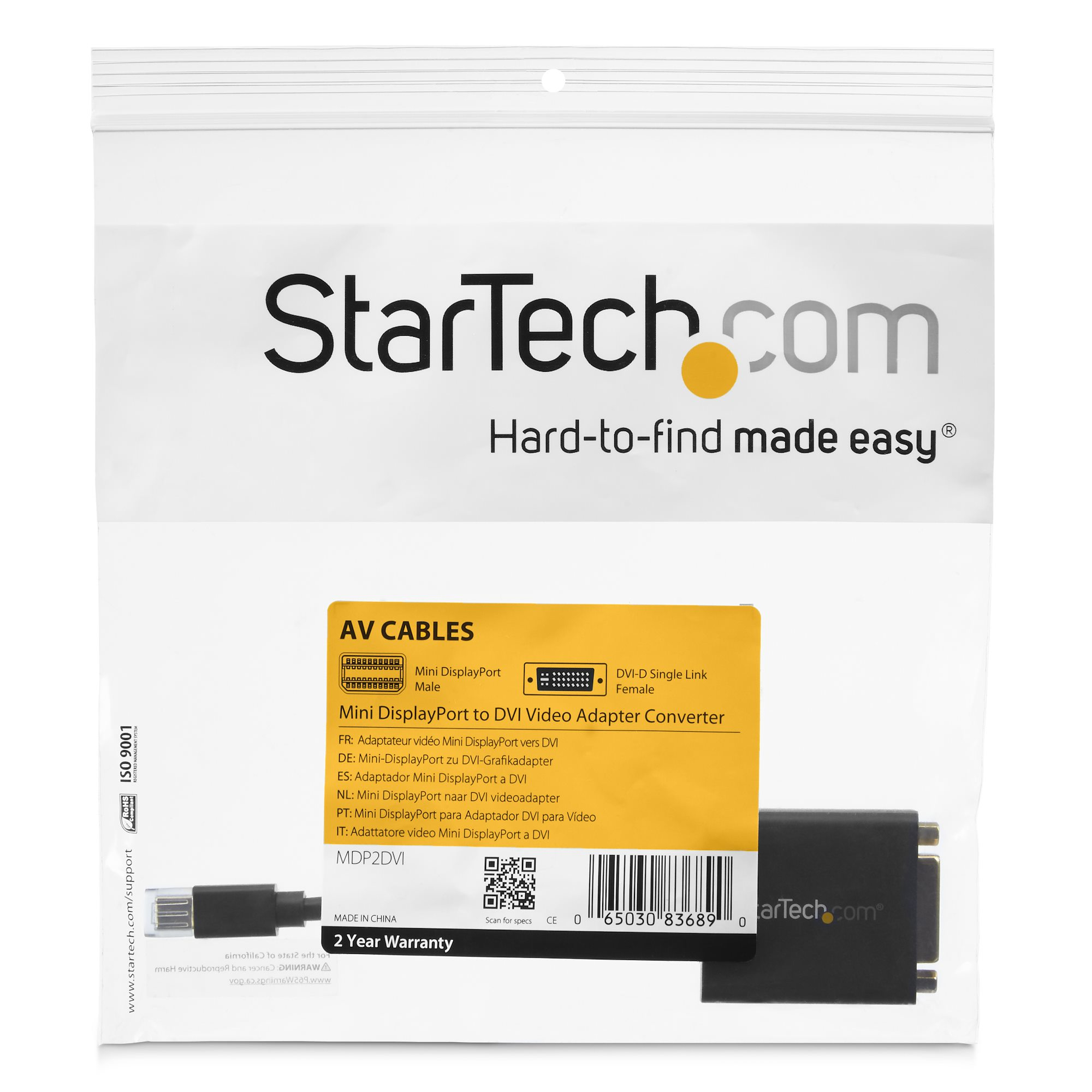 Un paquete blanco con el logotipo de StarTech.com y la descripción del producto. Contiene un adaptador de vídeo Mini DisplayPort a DVI.