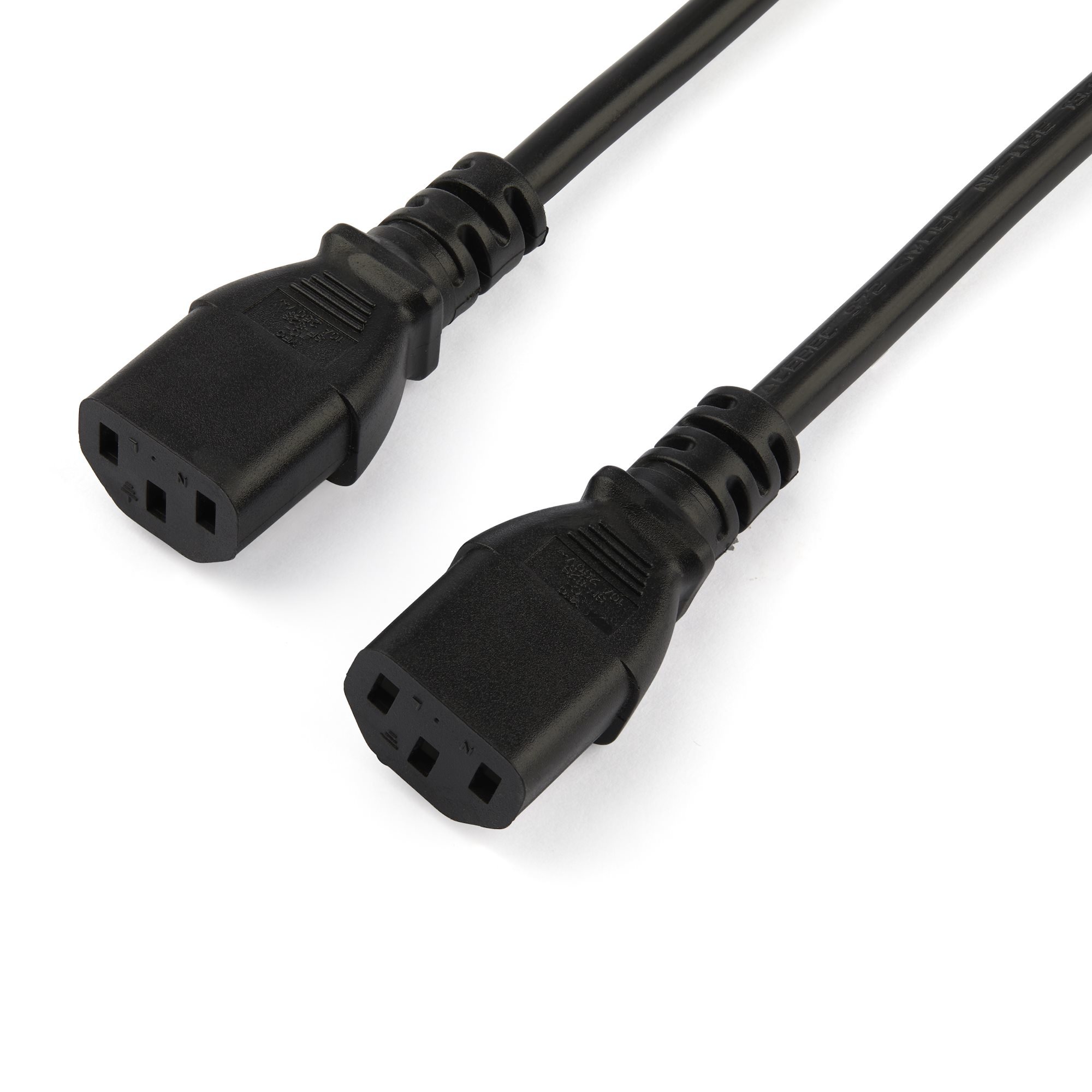 Dos cables de alimentación negros con conectores hembra sobre fondo blanco. Cada uno tiene tres orificios.