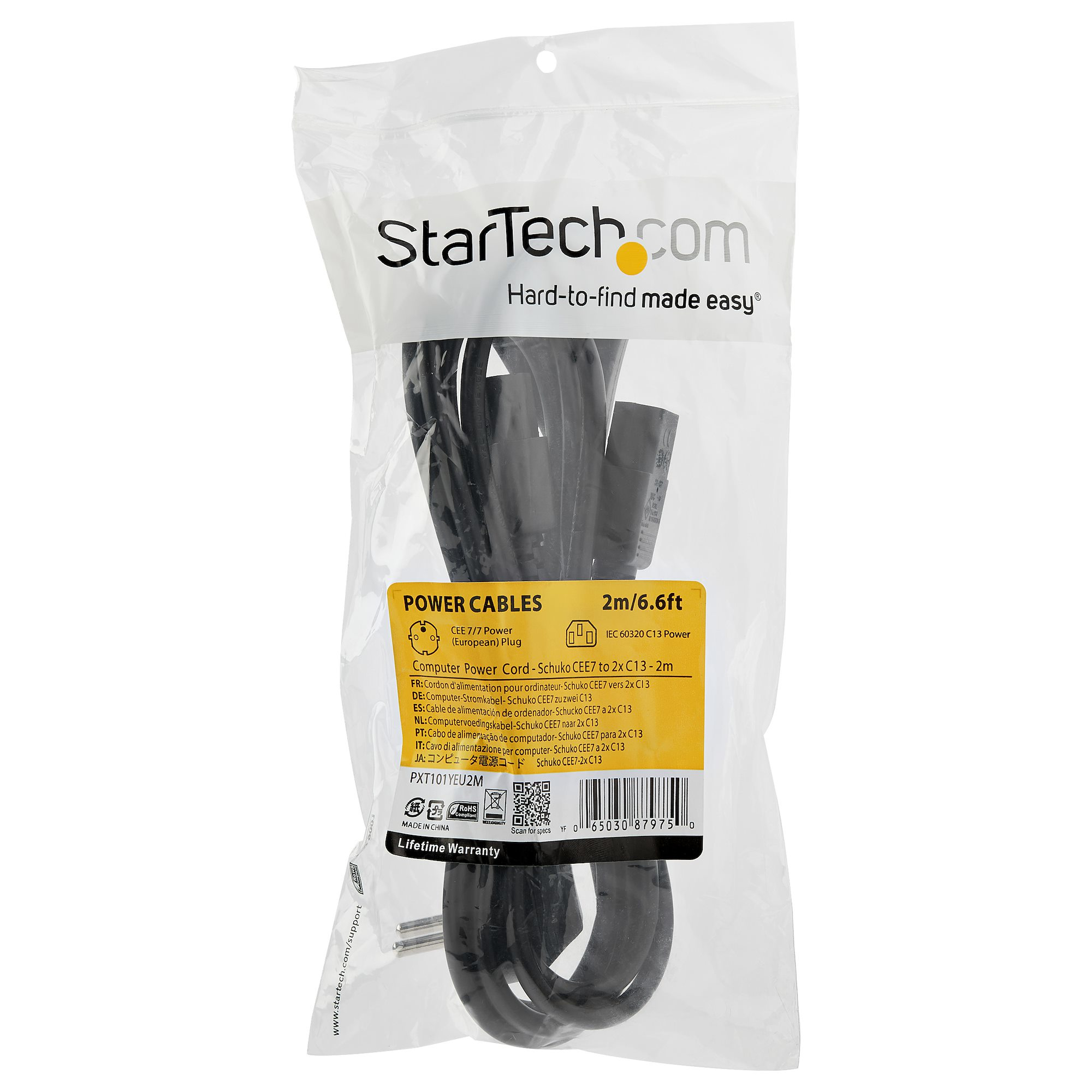 Un cable de alimentación en una bolsa de plástico transparente. La etiqueta dice StarTech.com, con una lista de idiomas y especificaciones.