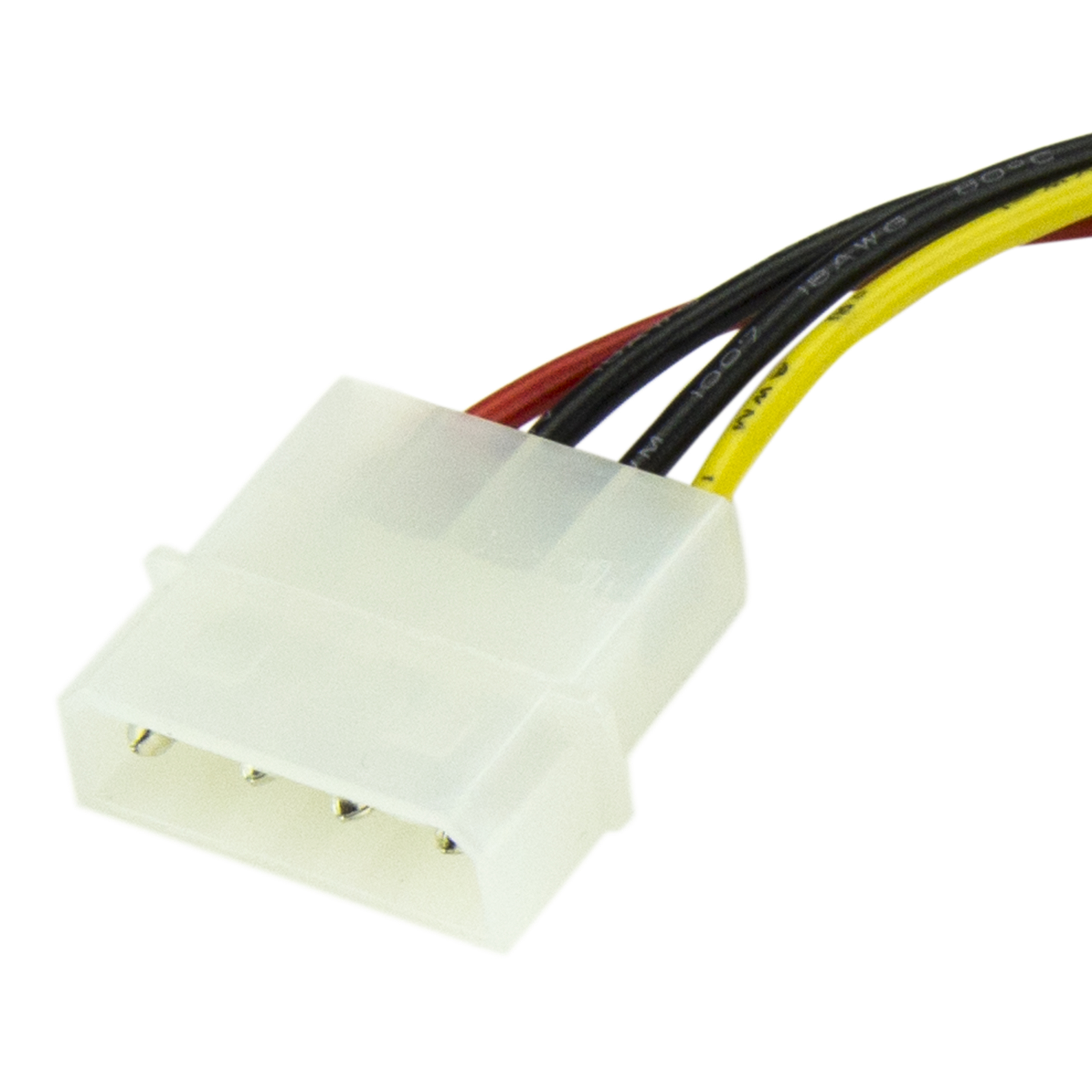 Un conector de alimentación blanco con cuatro clavijas está conectado a cables rojos, negros, amarillos y negros.