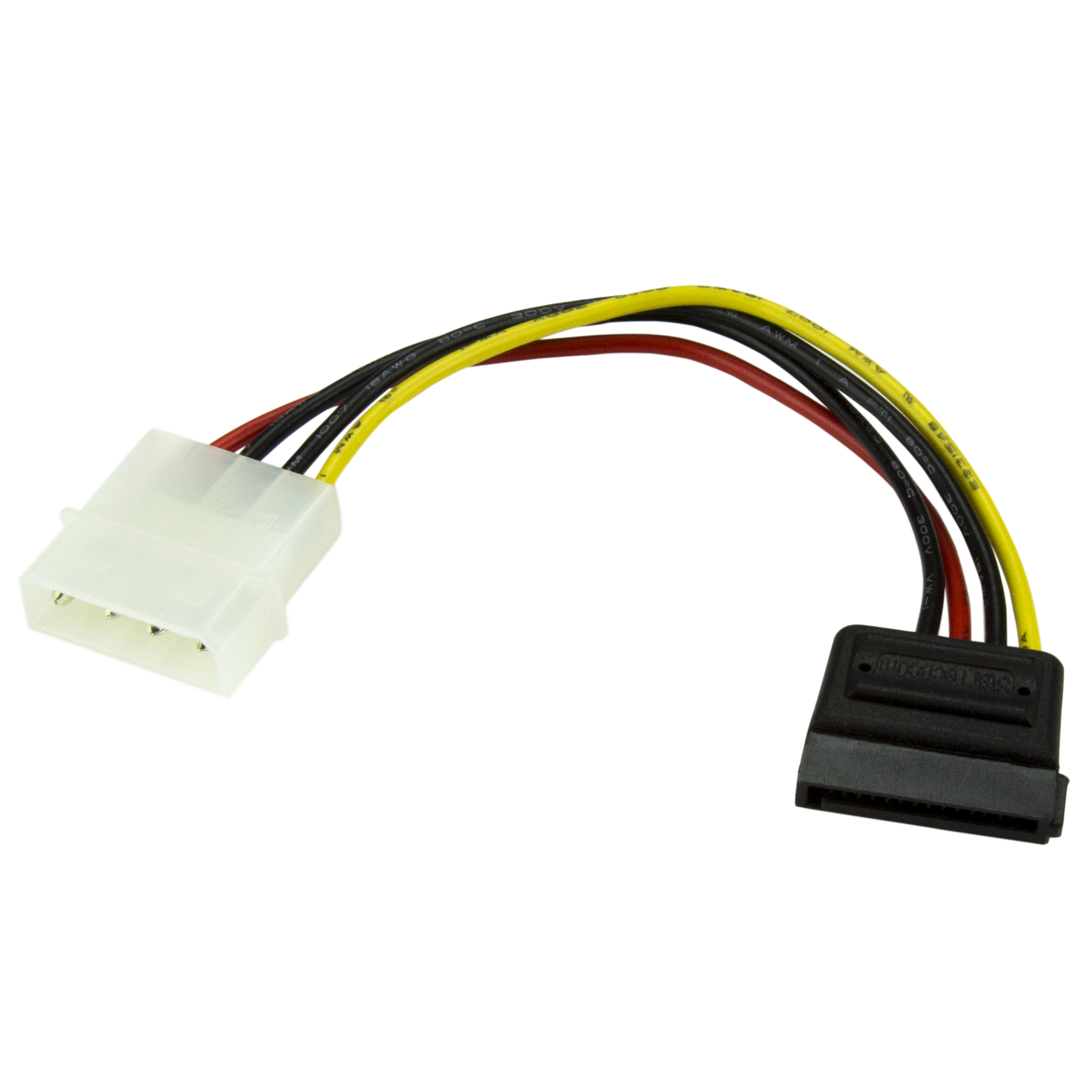 Un conector blanco con cuatro pines conectado a un conector SATA negro mediante cables amarillos, negros y rojos.