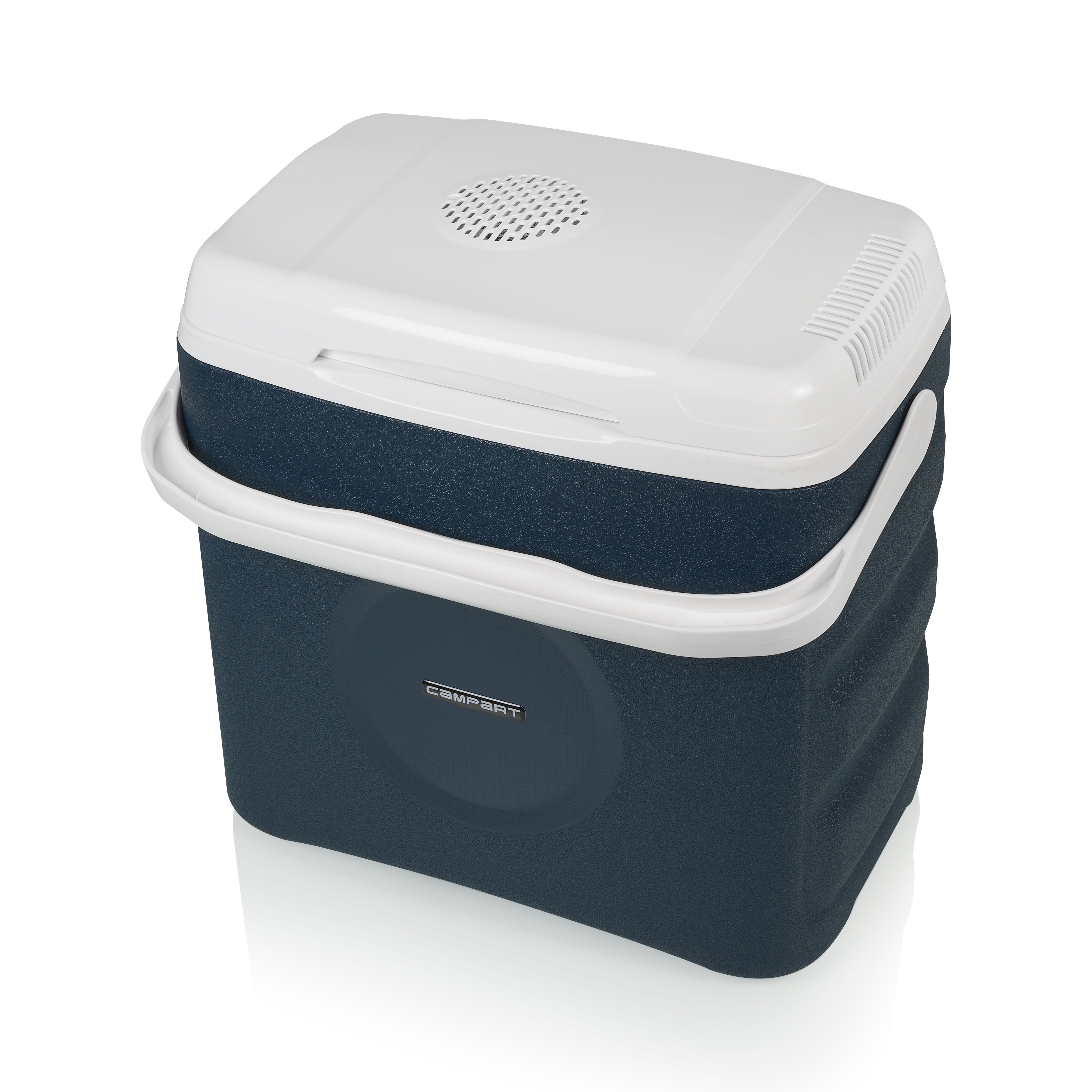 Ciemnoniebieska chłodziarka z białą pokrywą i uchwytem na białym tle. Widoczna marka.