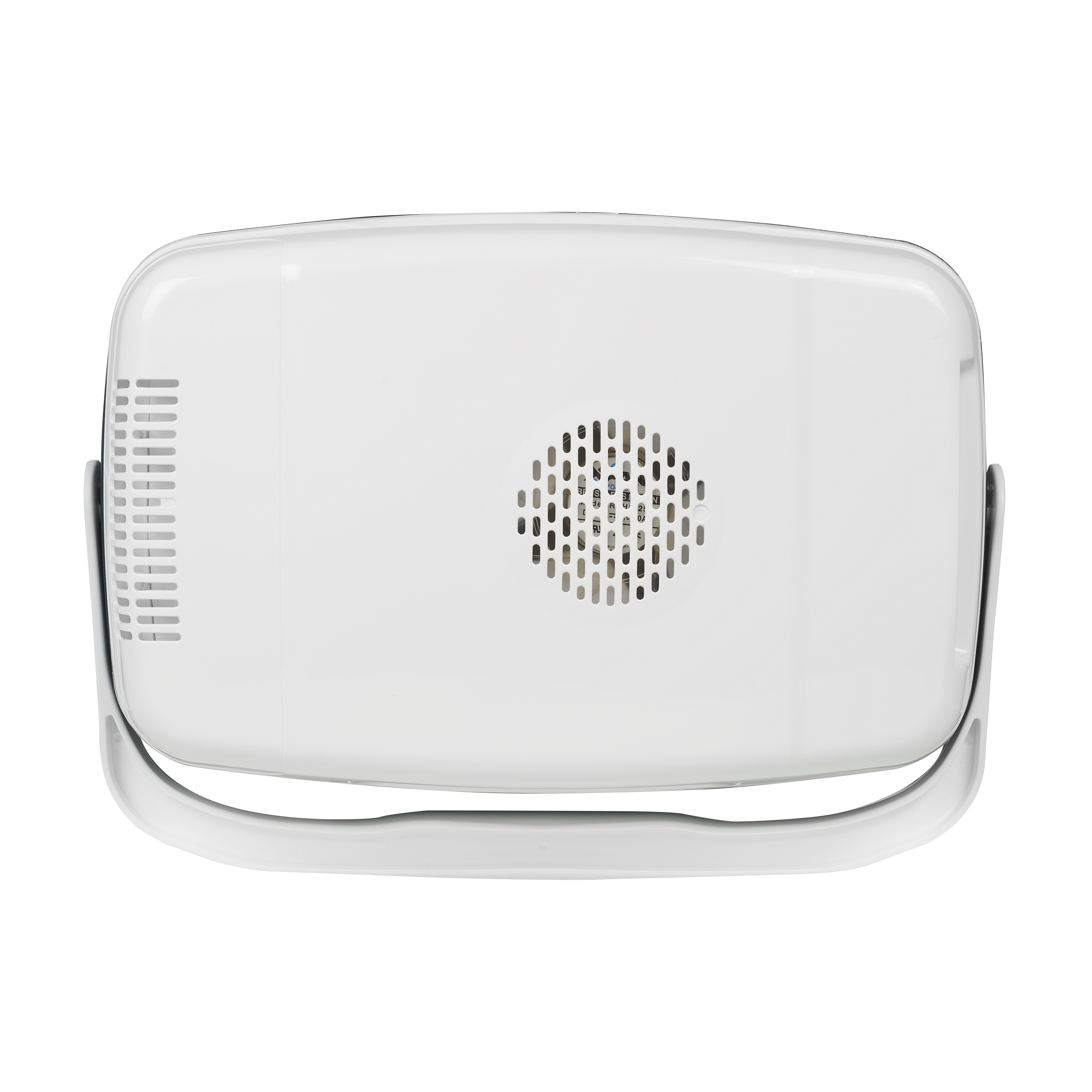 Widok z góry na białe, prostokątne urządzenie z uchwytem. Posiada otwory wentylacyjne i okrągły grill.