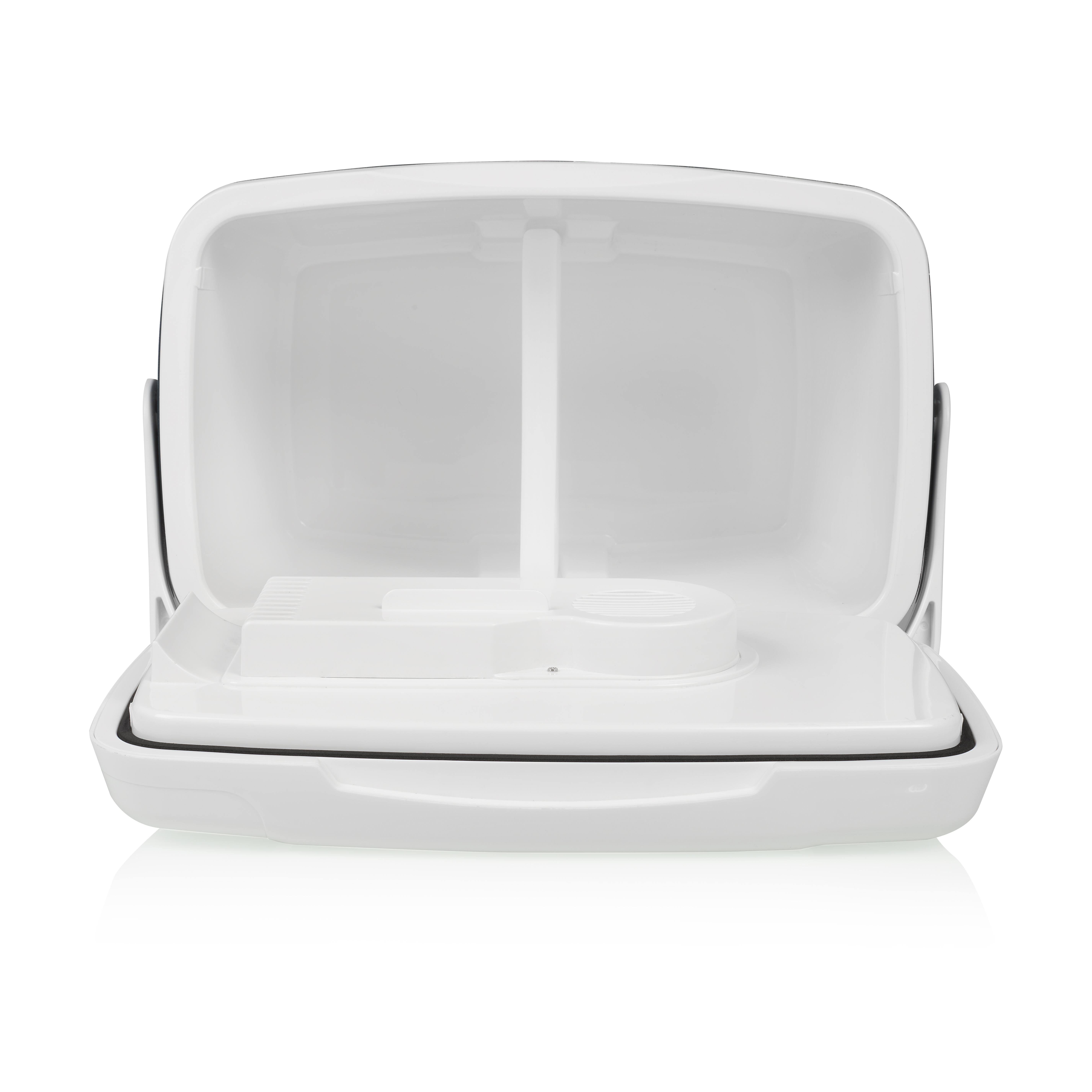 Biały, otwarty pojemnik z dwiema przegrodami. Pokrywa jest otwarta. Obiekt znajduje się na białym tle.