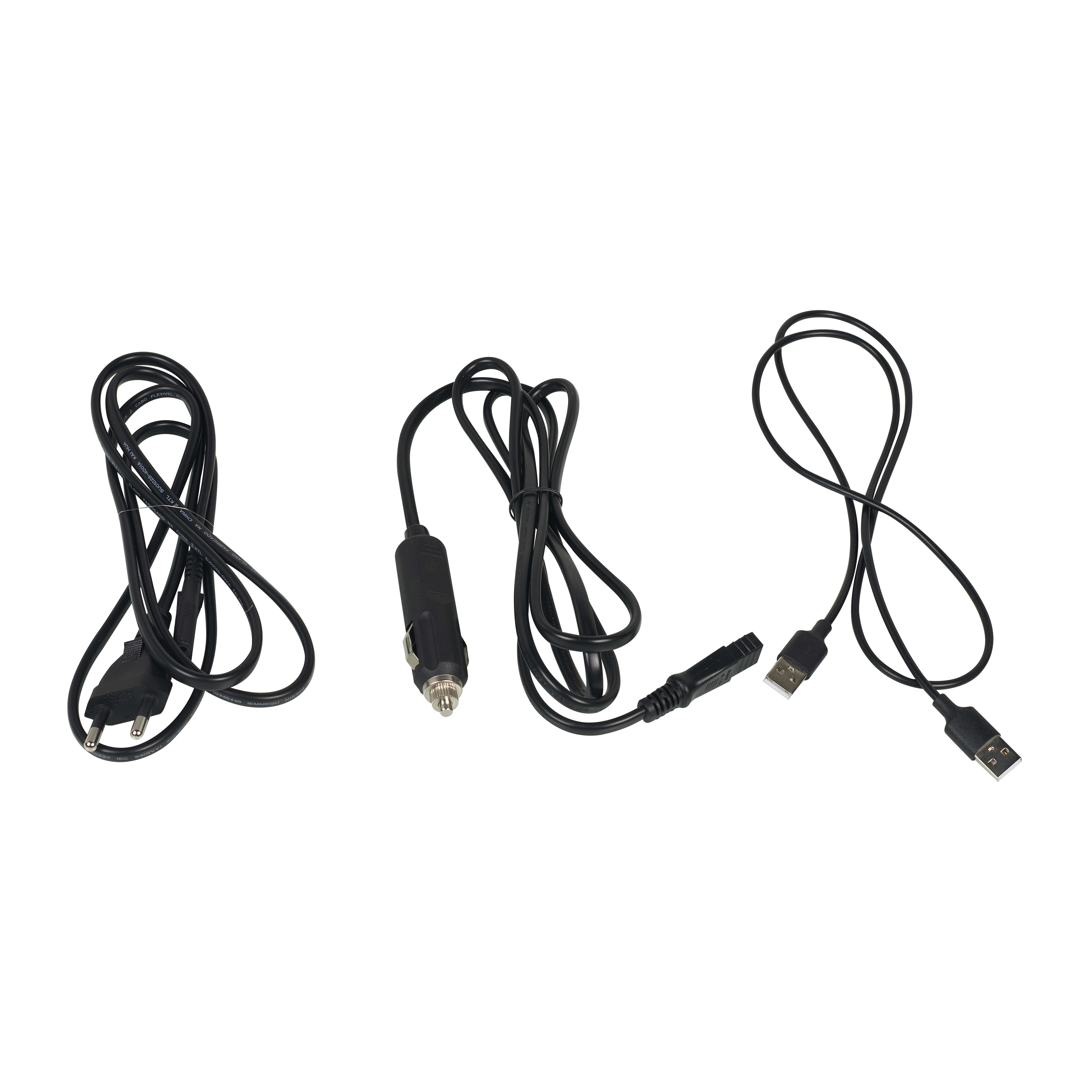 Trzy czarne kable z różnymi złączami na białym tle. Jeden to przewód zasilający.