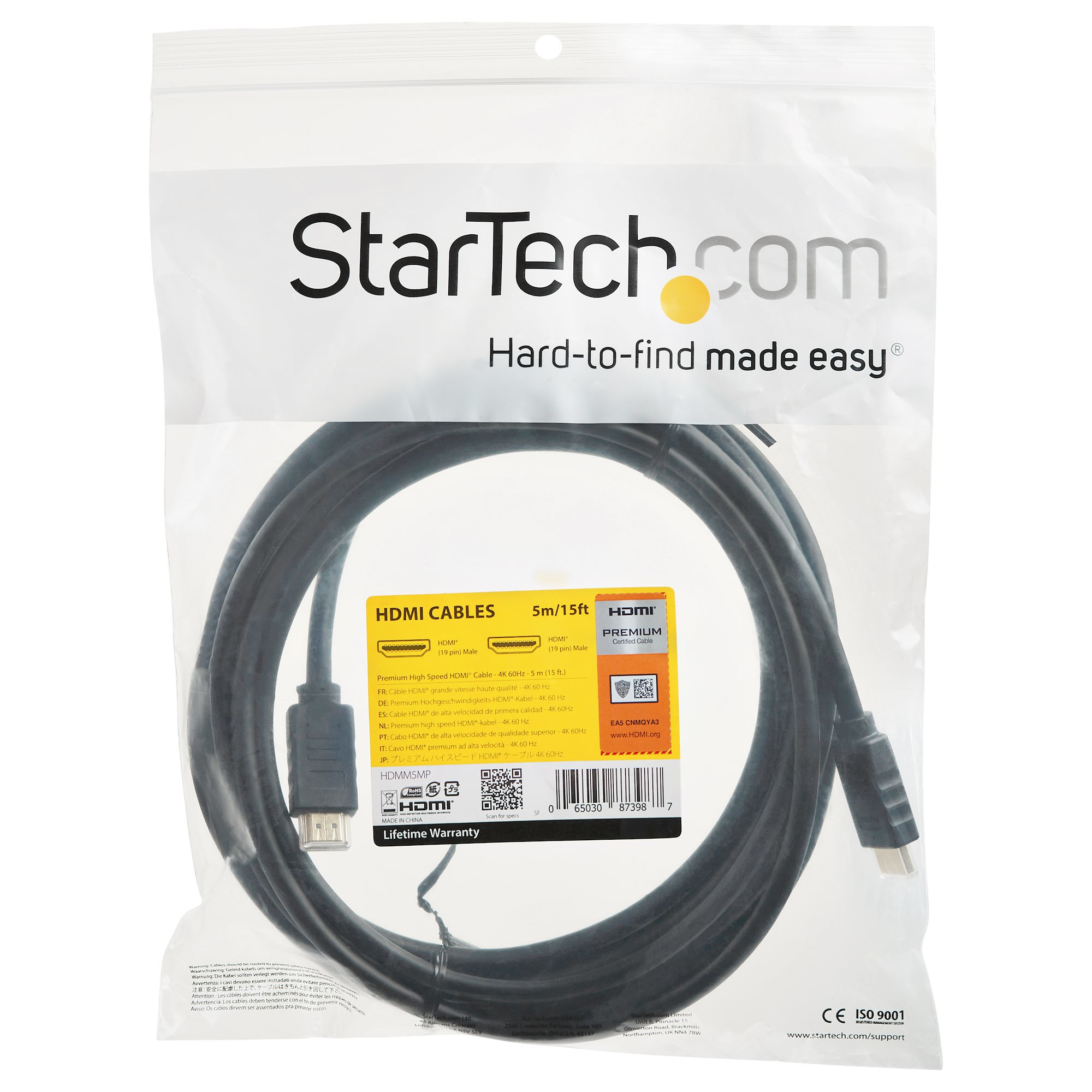 Un câble HDMI noir dans un emballage plastique transparent avec le logo StarTech.com et les informations sur le produit.