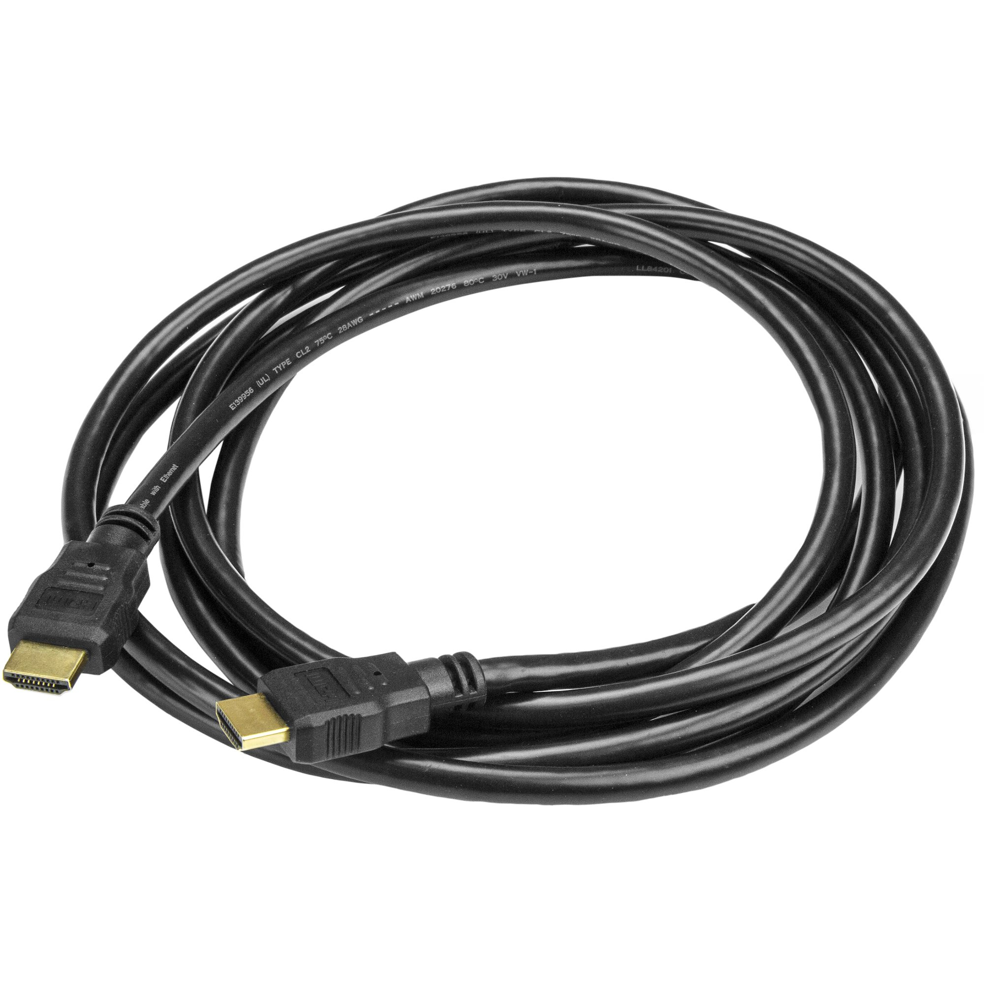 Zwarte HDMI-kabel op witte achtergrond. Connectoren met gouden contacten aan beide uiteinden.