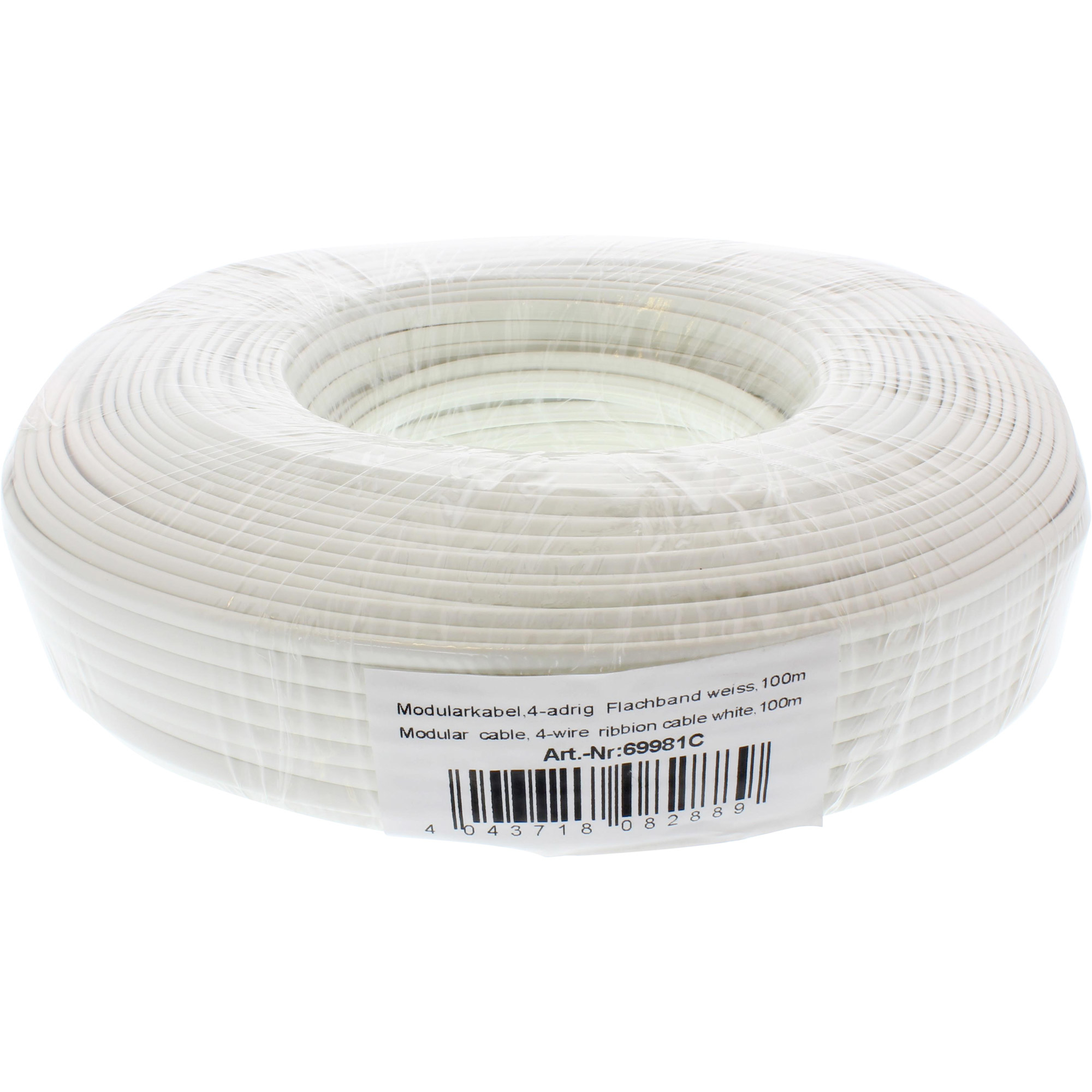 Weiße Flachbandkabelrolle, in Plastik verpackt. Ein Etikett zeigt Produktinformationen und einen Barcode.