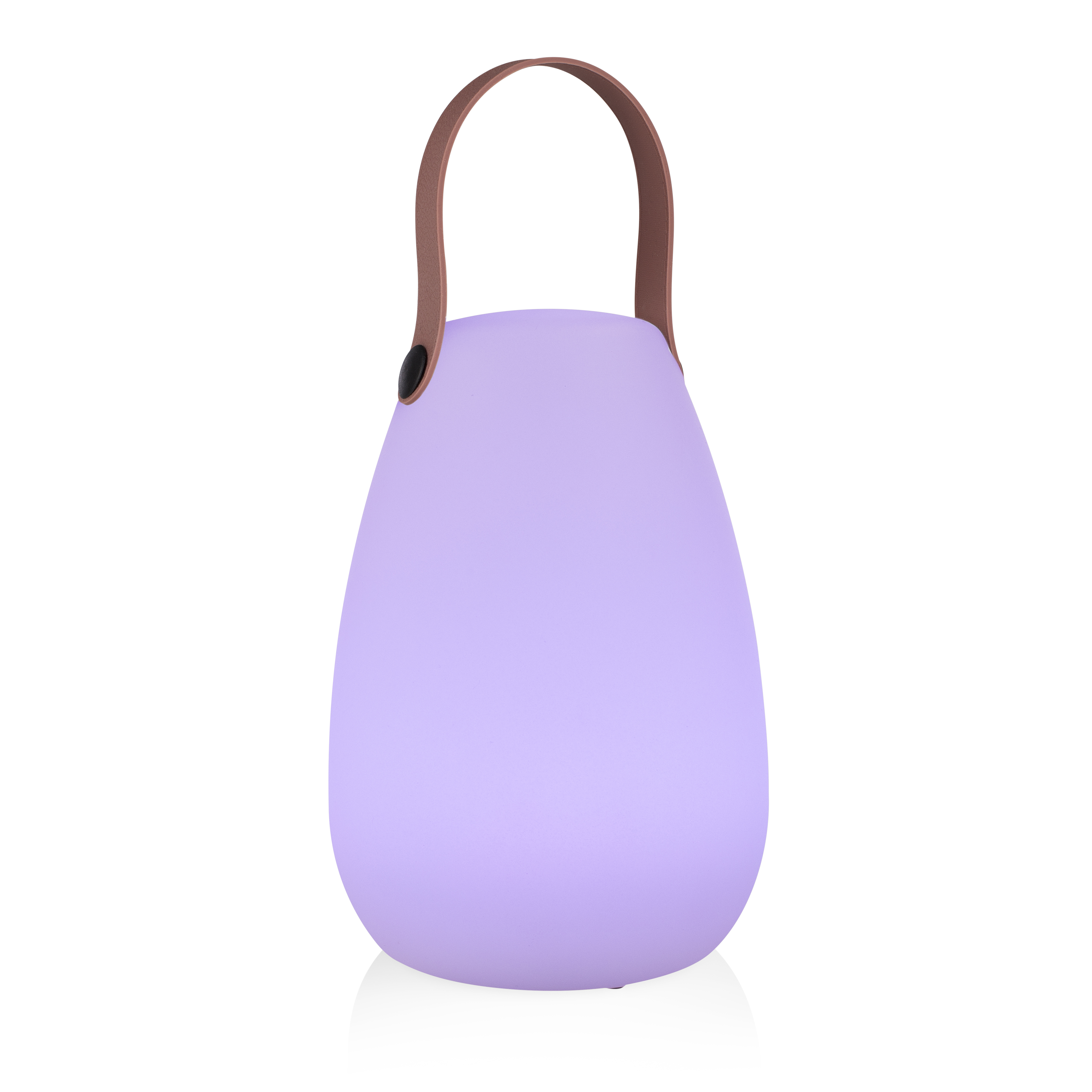 Een lavendelkleurige, druppelvormige lamp met een bruin handvat. Een zwarte knop aan de zijkant. De achtergrond is wit.