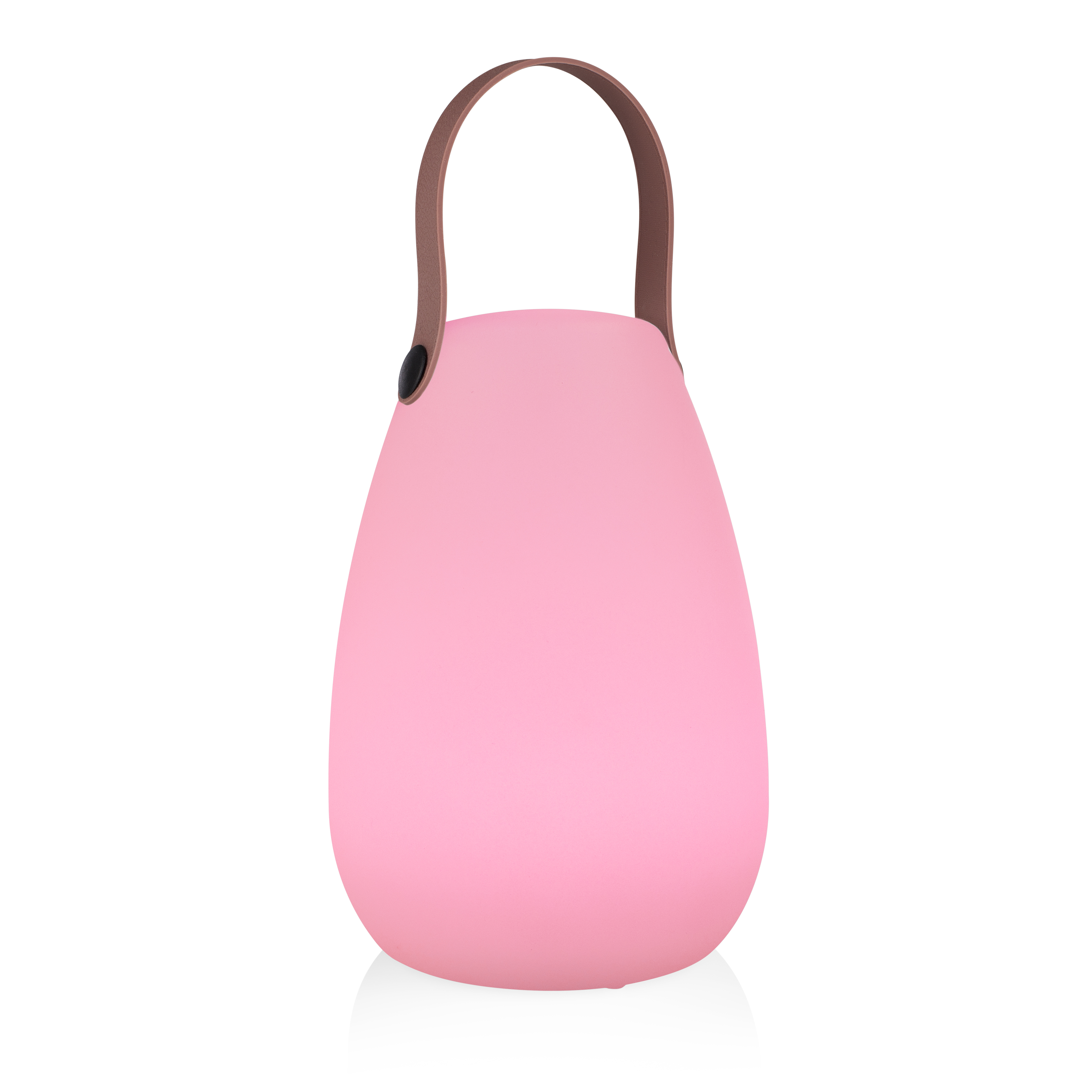 Een roze, eivormige lamp met een bruine handgreep. Hij staat op een wit oppervlak.