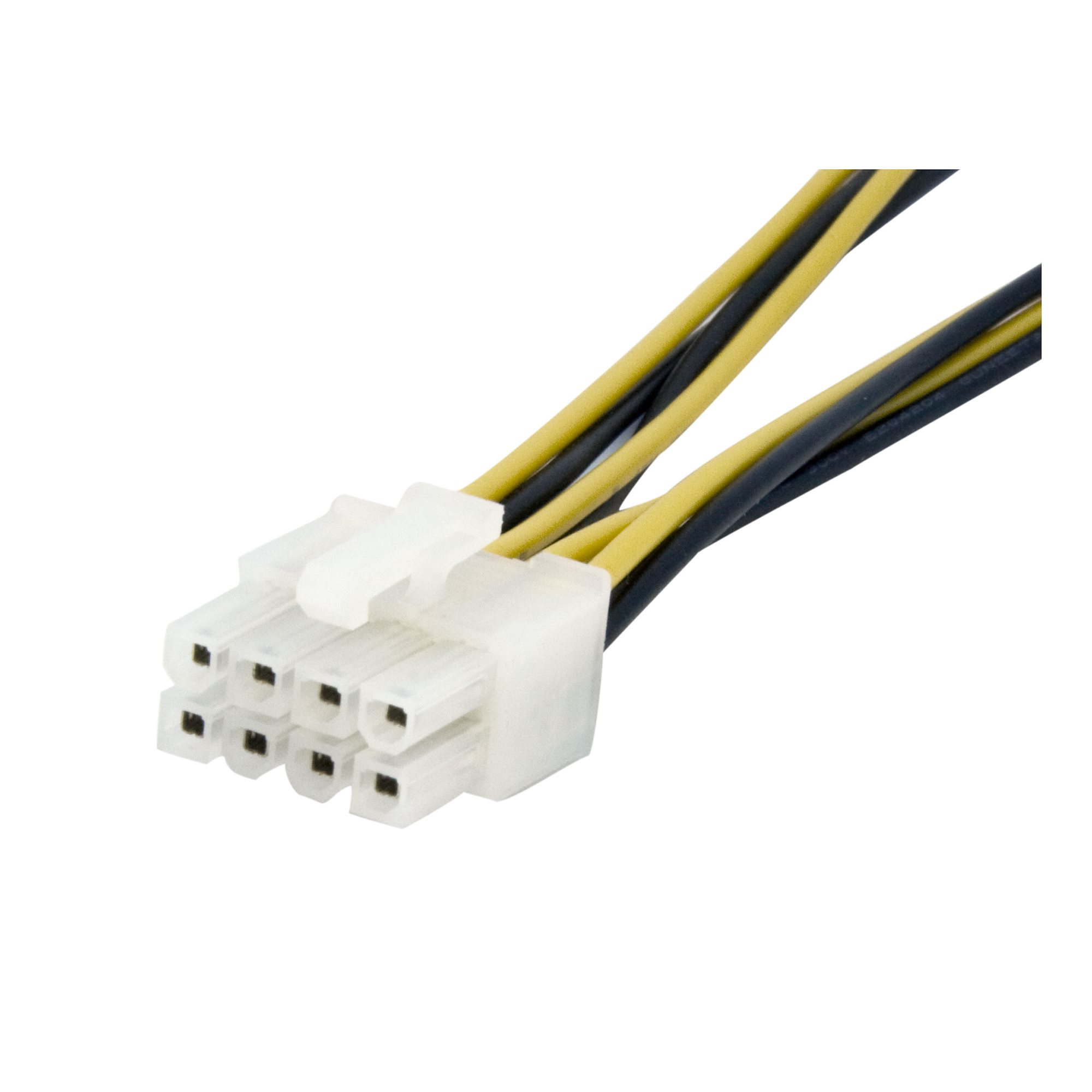 Un conector de alimentación de computadora blanco con ocho pines y cables amarillos y negros.