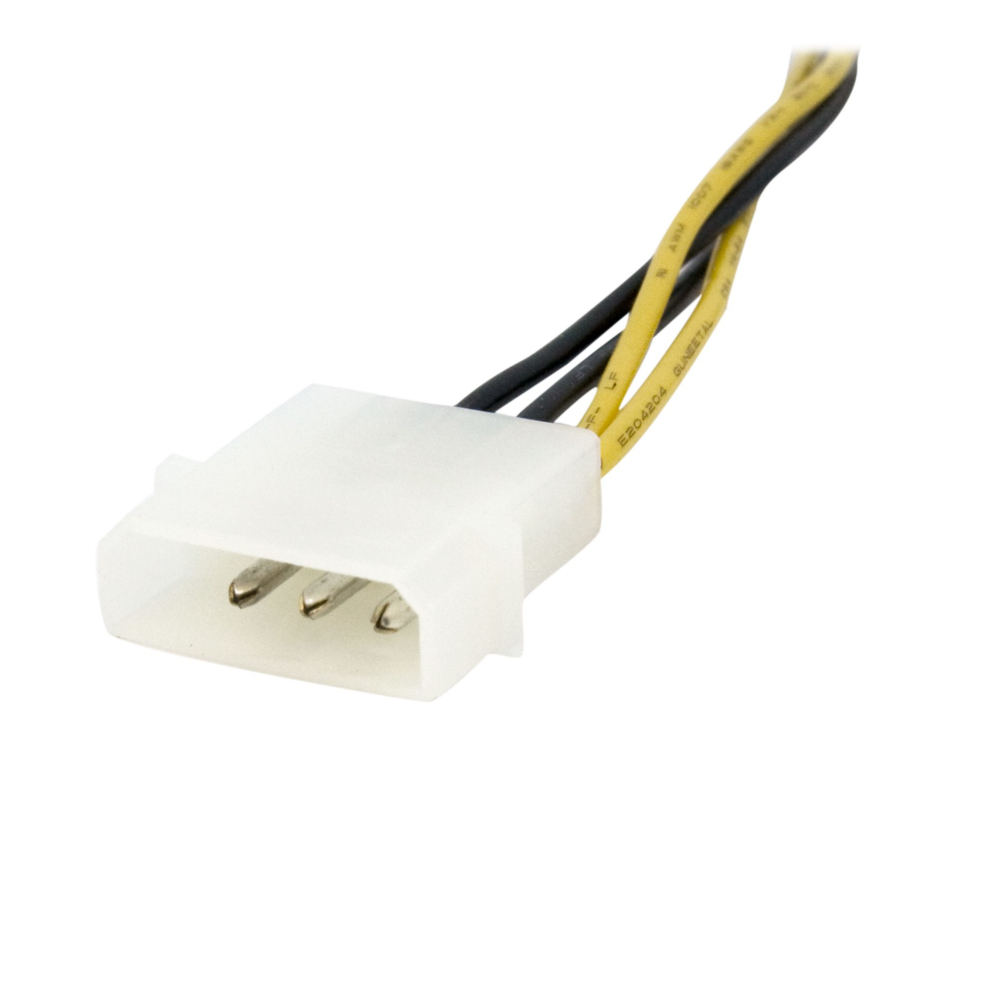 Un conector de computadora blanco con tres pines está conectado a cables amarillos, negros y amarillos sobre un fondo blanco.
