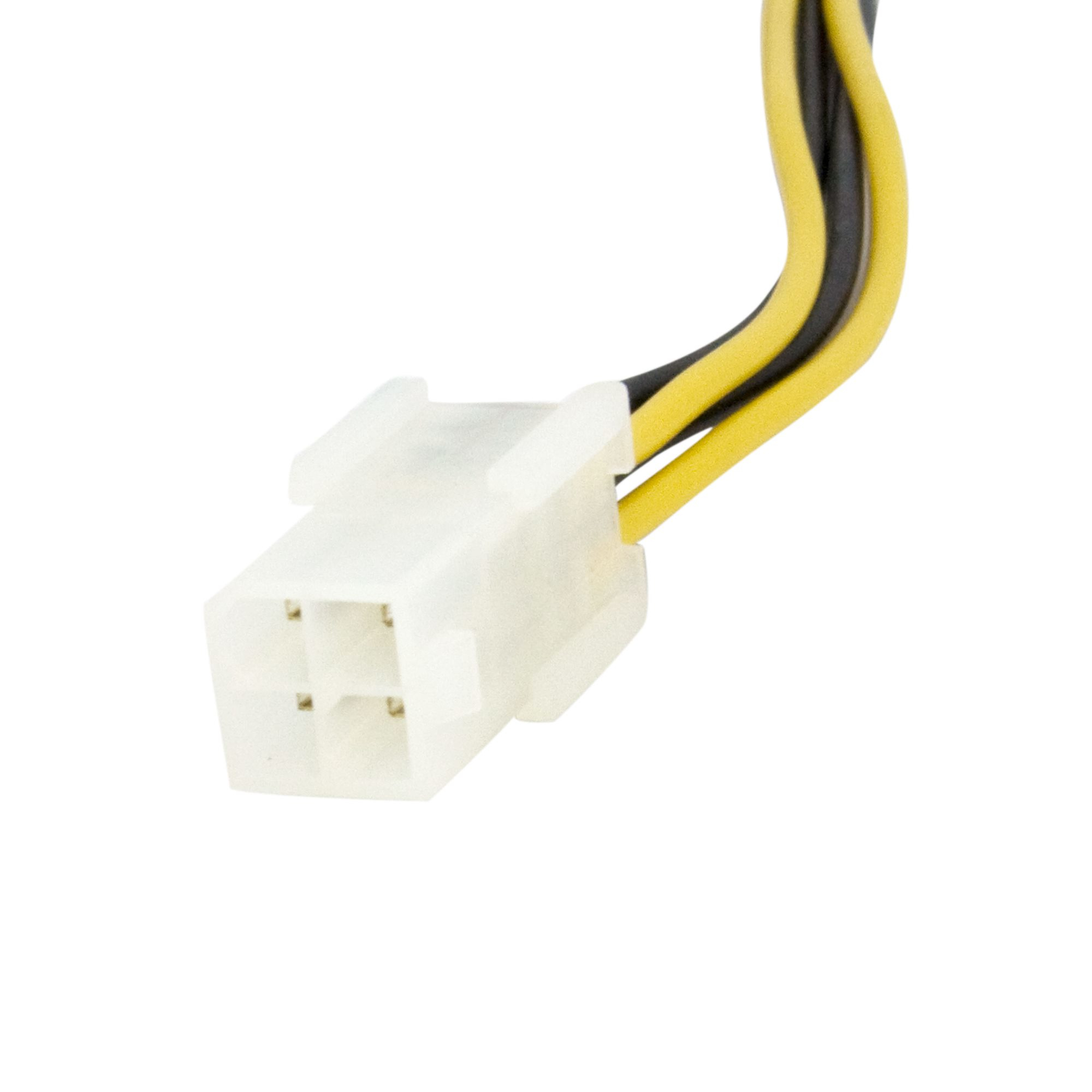 Un conector de computadora blanco con cuatro pines y cables amarillos y negros sobre un fondo blanco.