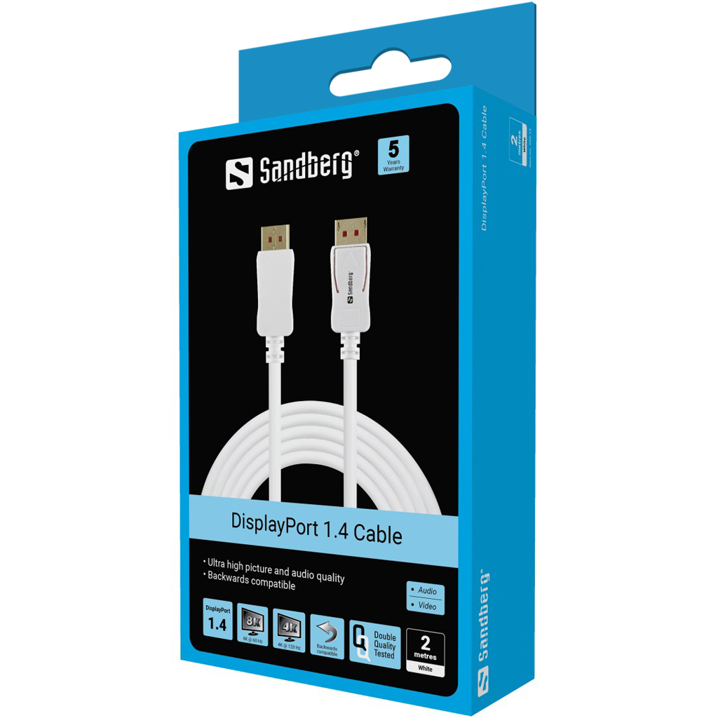 Ein weißes DisplayPort 1.4-Kabel wird auf einer blauen Sandberg-Box angezeigt. Die Box hat Produktdetails und ein 5-Jahres-Garantie-Logo.