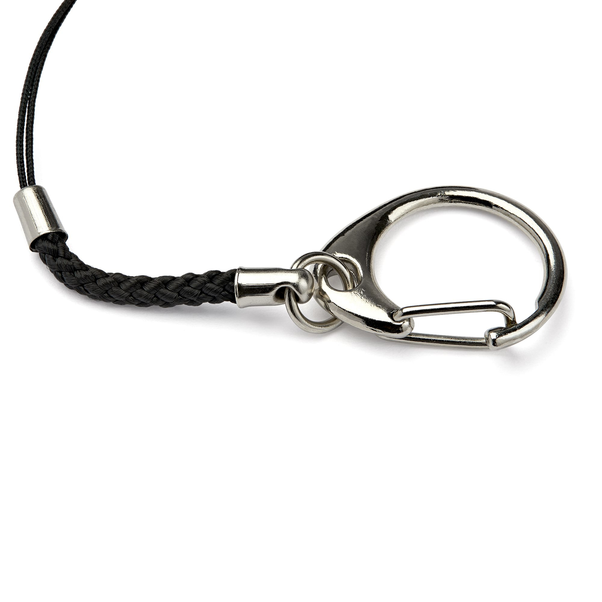 Un cordón negro con un cierre y anillo plateados, sobre un fondo blanco.