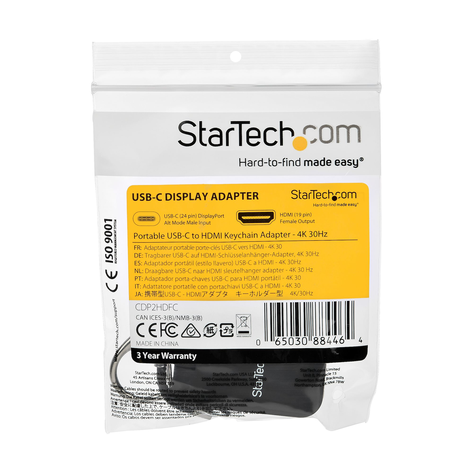 Paquete blanco con texto negro y un recuadro amarillo, detalles del producto. Logotipo 'StarTech.com' visible.