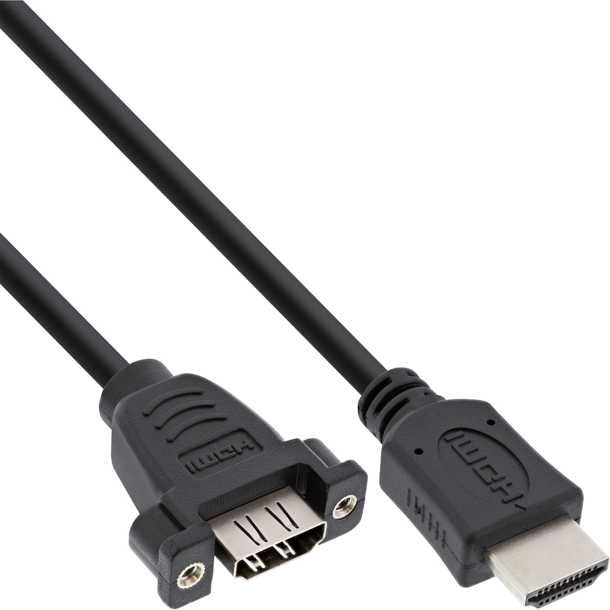 Schwarzes HDMI-Kabel mit zwei Anschlüssen. Einer ist eine Buchse, der andere ein Stecker, beide sind schwarz.