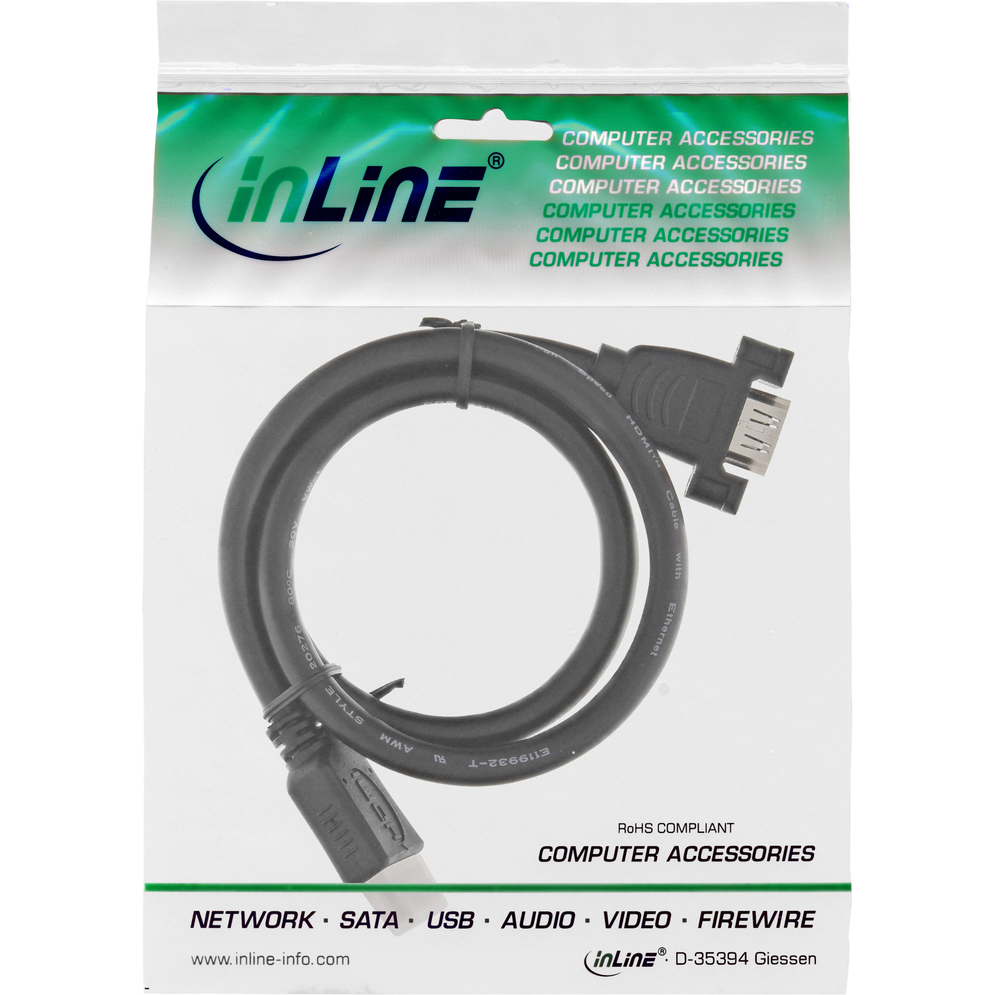 Ein schwarzes HDMI-Kabel in einer Plastikverpackung. Die Verpackung hat das 'inLine'-Logo und den Text 'Computer Zubehör'.