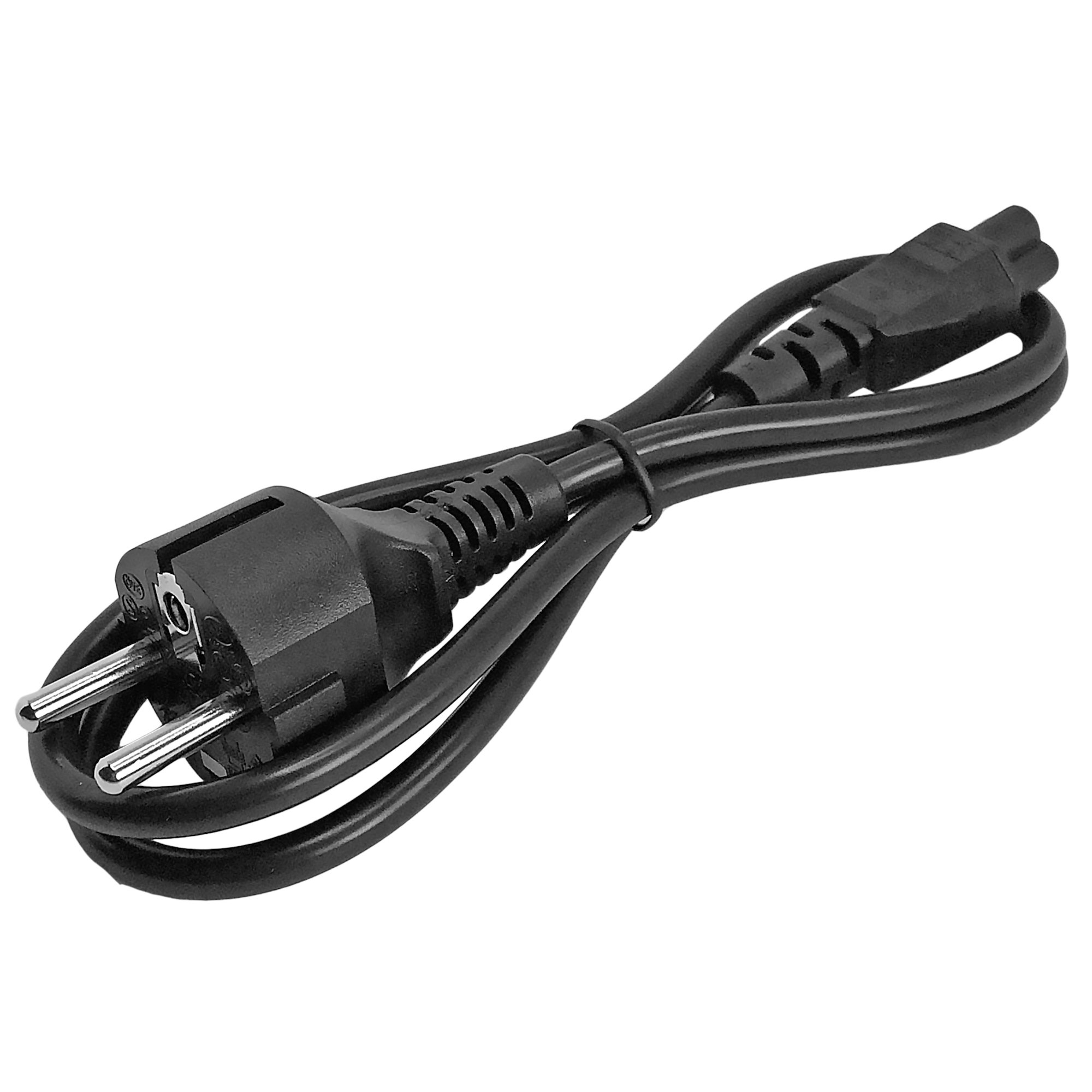 Un cable de alimentación negro con un enchufe europeo y un conector de tres clavijas, aislado sobre fondo blanco.