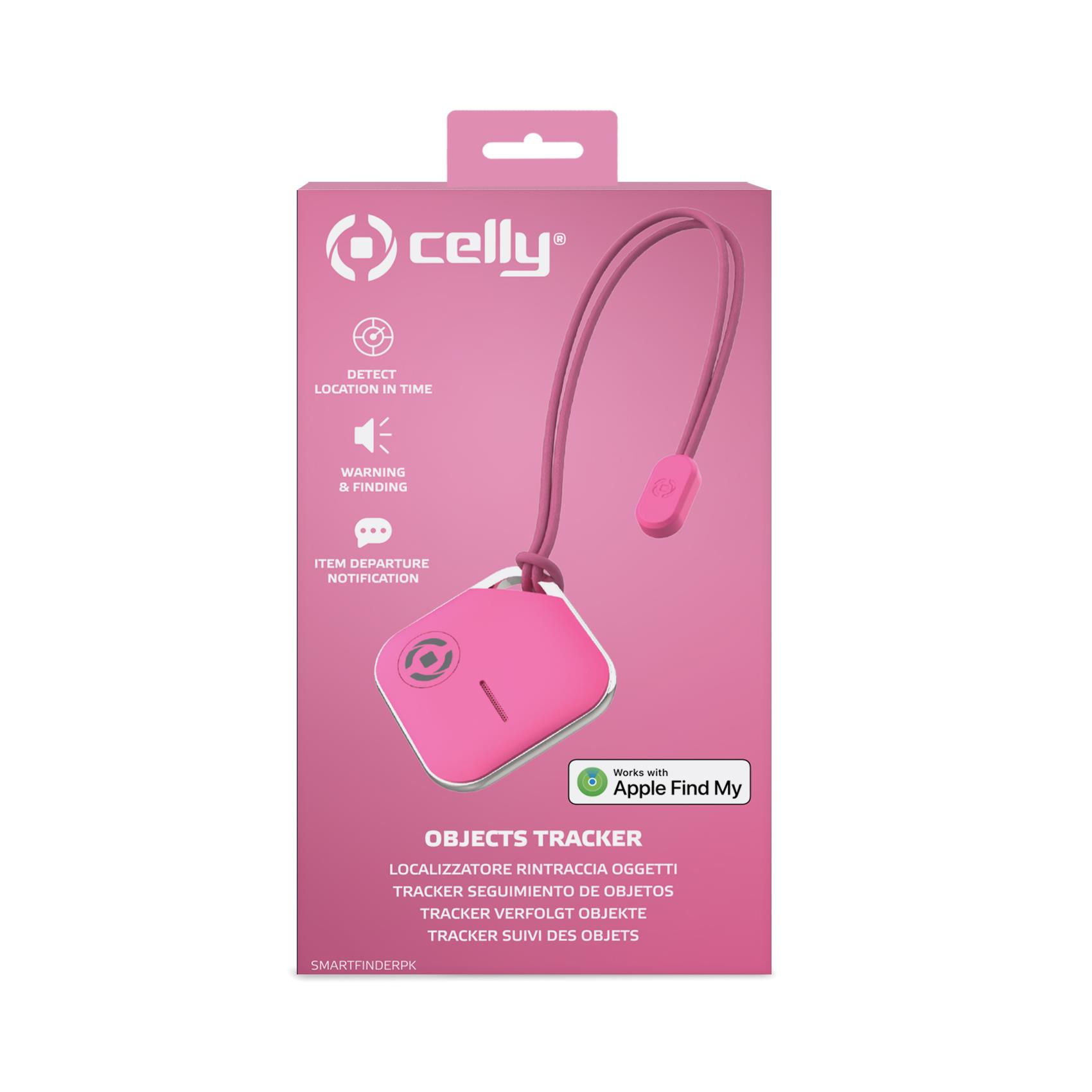 Eine rosa Celly-Objekt-Tracker-Box mit einem Tracker. Es steht 'Objects Tracker' und 'Apple Find My'.