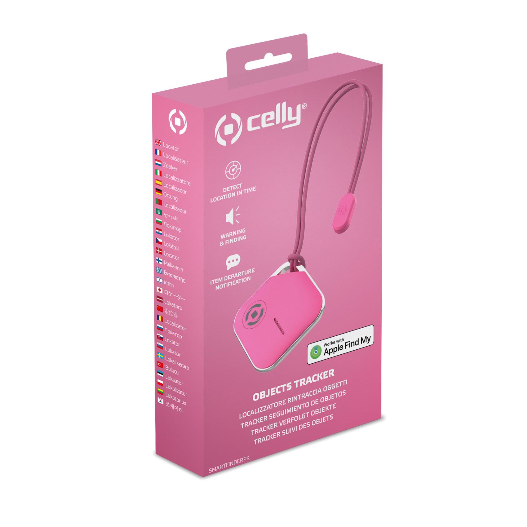 Eine rosa Celly Objects Tracker Box mit rosa Tracker, Schlüsselband und Apple Find My Logo, zeigt Funktionen und Sprachen.