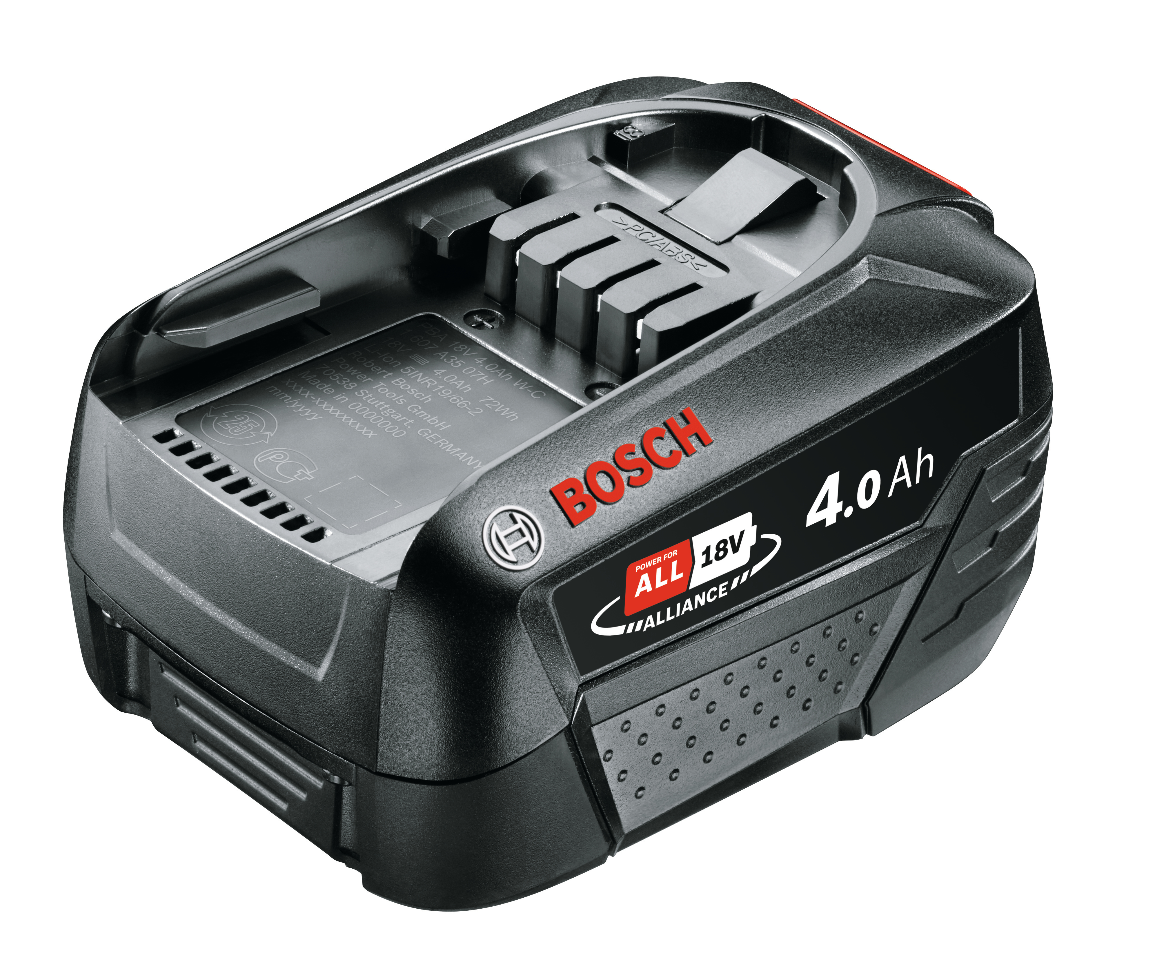 Una batería negra y roja Bosch 18V 4.0 Ah. Tiene un logotipo de alianza Power for All y un puerto de carga.
