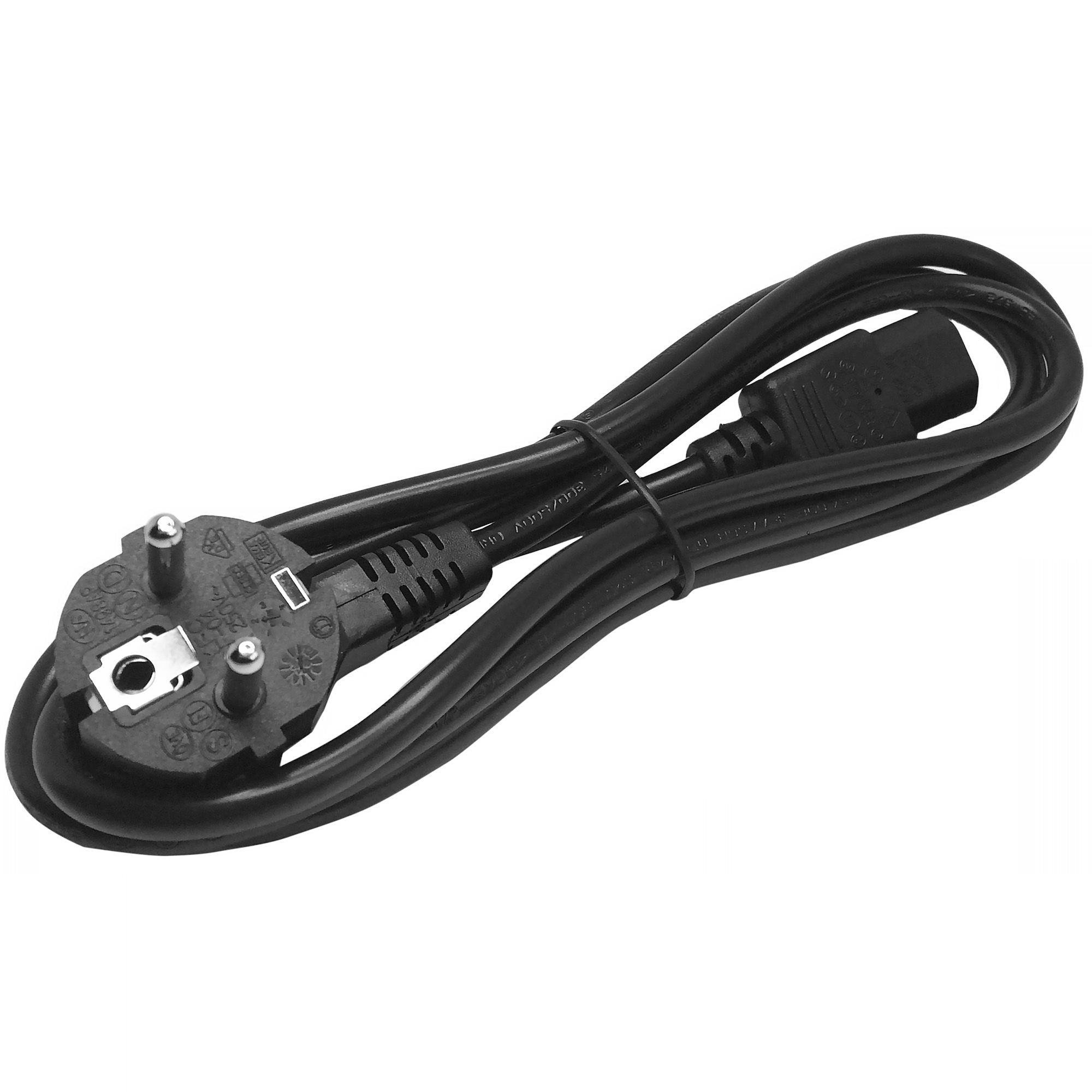 Cable de alimentación negro con enchufe europeo y conector de ordenador sobre fondo blanco.