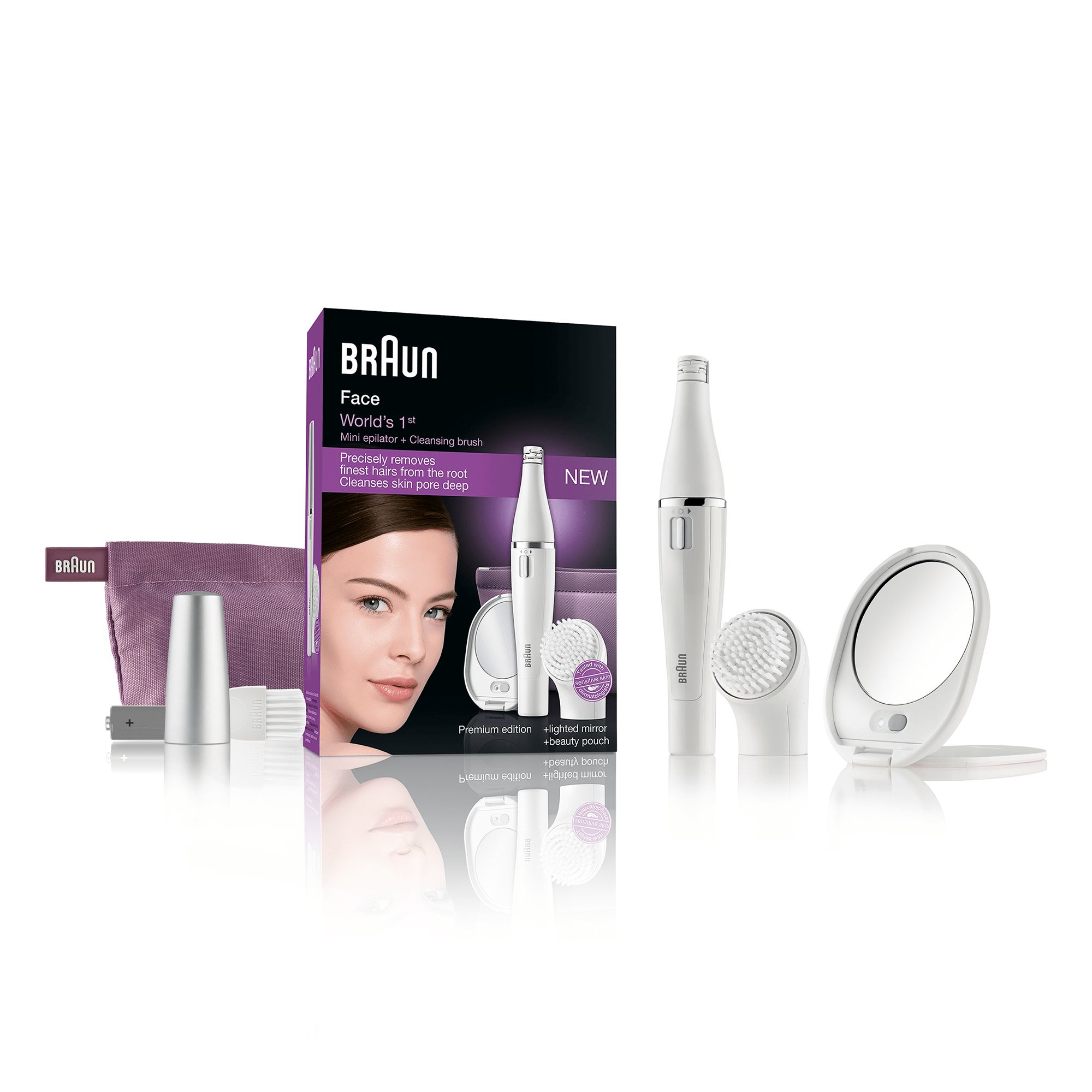 Ein Braun Face Epilierer-Set. Enthält Epilierer, Bürste, Spiegel, Beutel und Schachtel. Weiß und Silber vor weißem Hintergrund.